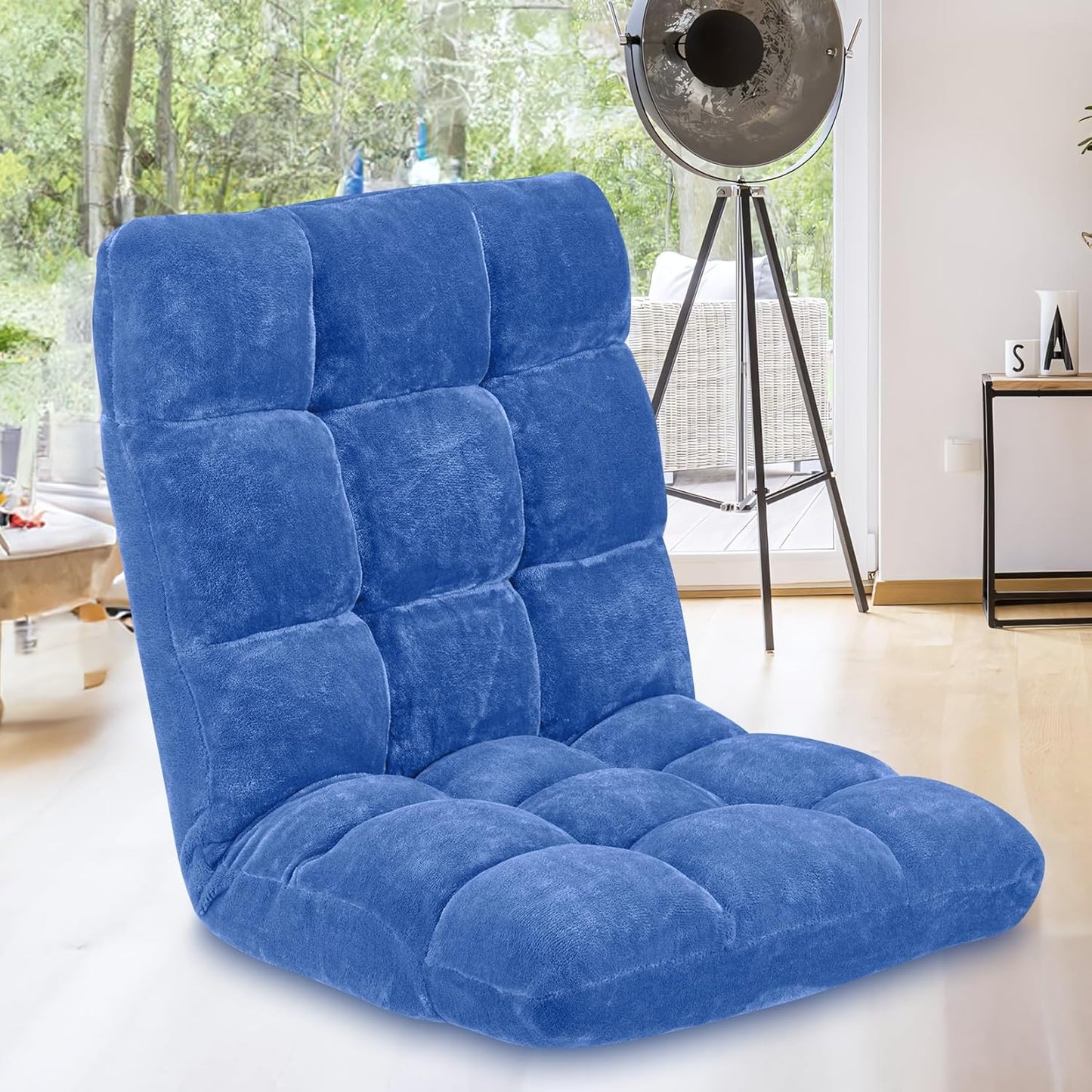Floor Chair 14 Adjustable Positions w/Back Support, Padded Lazy Sofa w/Breathable Cotton & Skin-Friendly Coral Velve for Reading Meditating Gaming,Blue