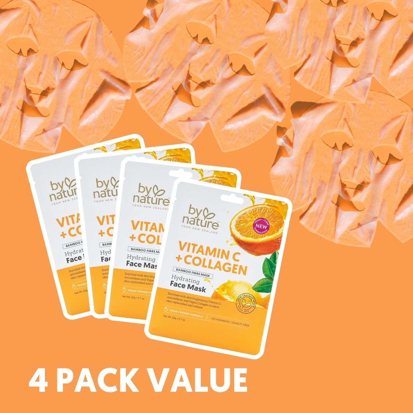 By Nature Vitamin C + Collagen Sheet Face Mask with Vitamin E – Firming, Anti-Aging Facial Treatment for Radiance, Elasticity & Hydration – Skincare for Pre-Event Glow & All Skin Types – Pack of 4