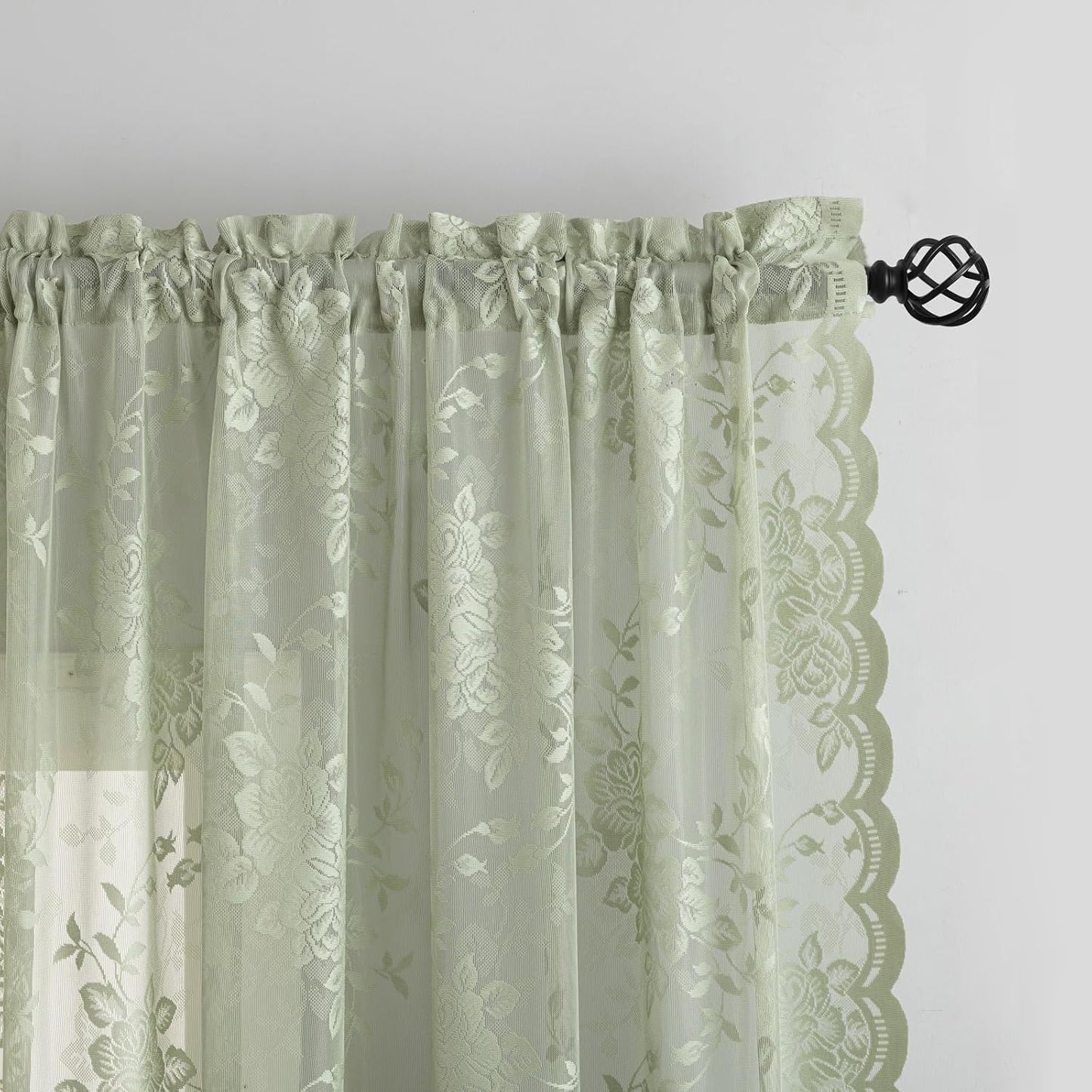 YJ YANJUN Sage Green Sheer Curtains 72 Inch Long 2 Panels Floral Patterned Boho Net Curtains Privacy Lace Gauze Curtain Panels for Boy Bedroom Room Divinding Closet Door 6 FT Length Light Sage