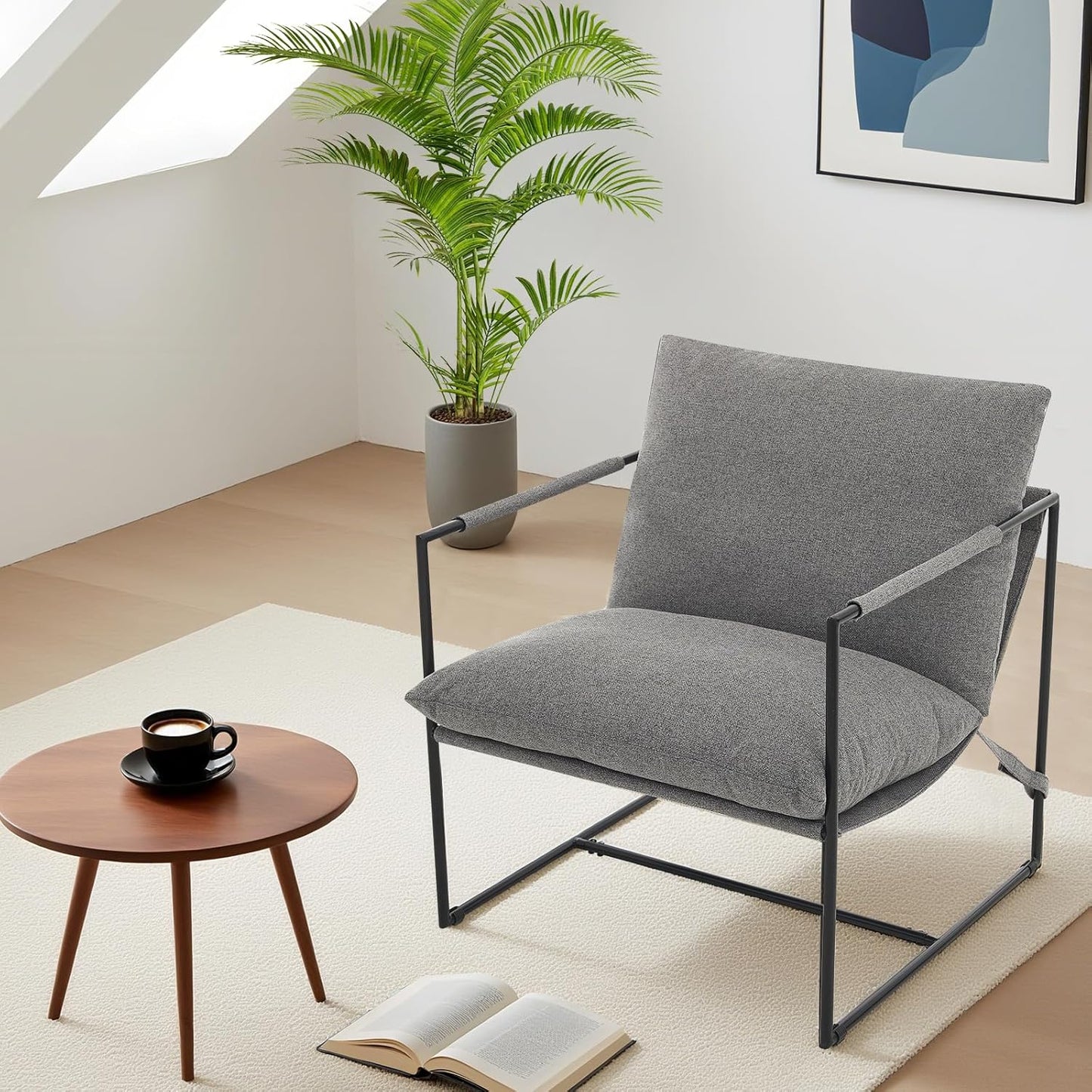 Sling Accent Chair for Living Room, Modern Metal Framed Cozy Armchair, Upholstered Living Room Chairs with Shredded Foam Cushioning, Lounge Chair for Bedroom, Living Room, Reading Room, Grey