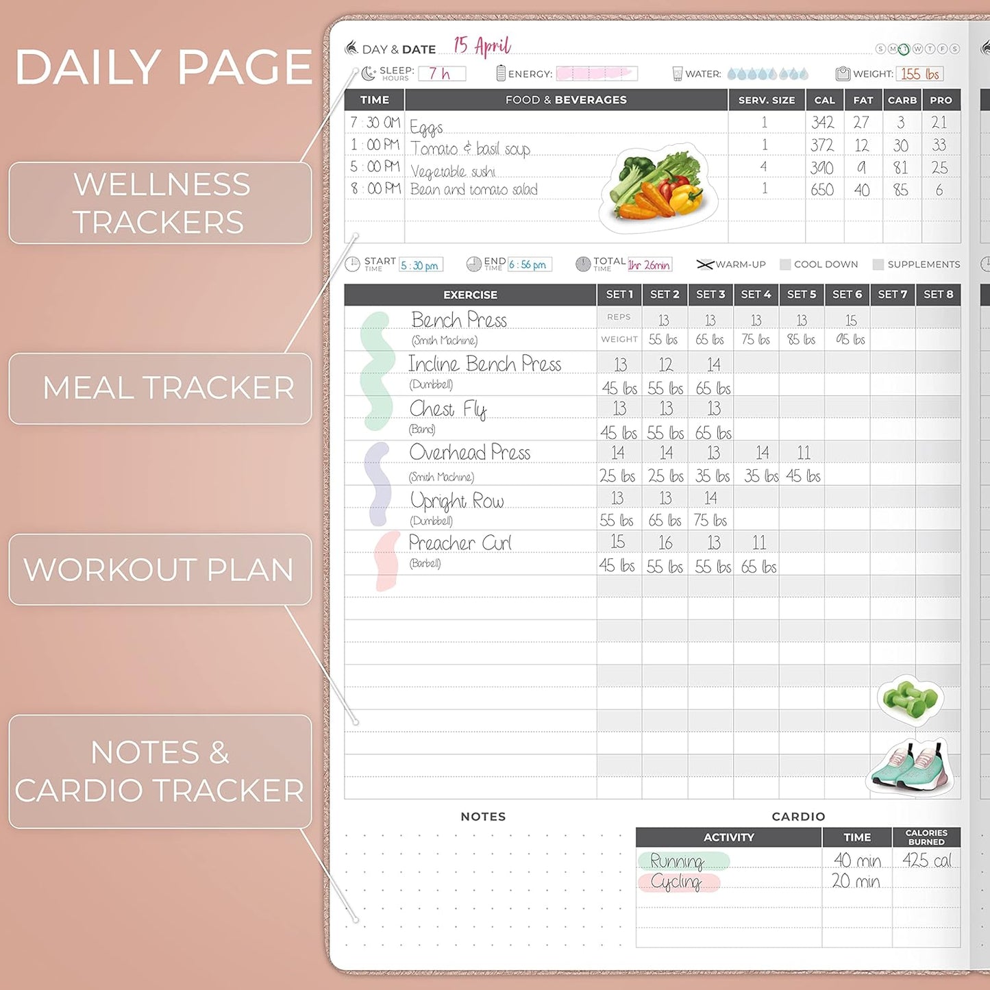Clever Fox Fitness Journal PRO – Daily Workout Planner with Meal Planner & Habit Tracker – Gym Exercise Log Book for Women & Men – Fitness Planner Notebook – Lasts 6 Months, 7x10” - Rose Gold