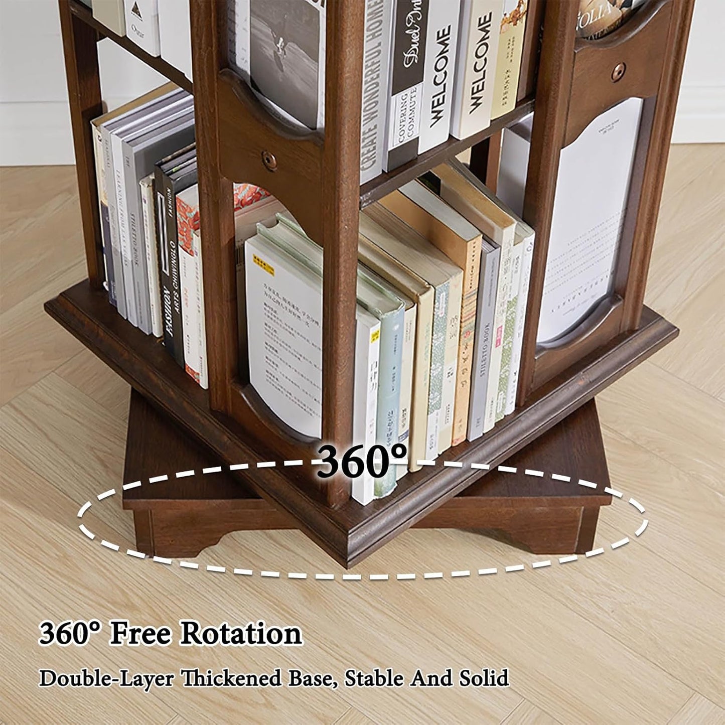 ELZEM 6 Tier Rotating Bookshelf Tower 360° Revolving Bookcase with Base Spinning Bookshelf Square Chinese Style Solid Wood Rotating Bookcase for Bedroom Living Room Study Room