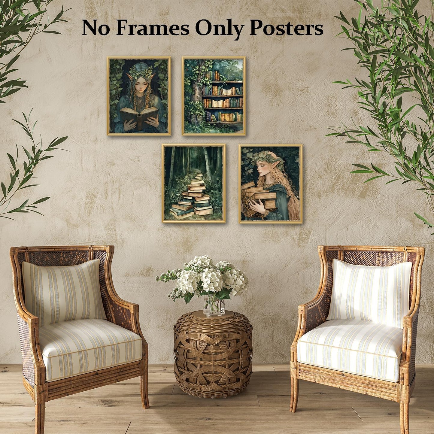 OCFMUHFP Vintage Reading Fairy Wall Art Posters Set of 4, Forest Reading Nook Corner Room Decor, Retro Green Bookish Prints Artwork for Library Book Store Club Wall Decor 8x10 Unframed