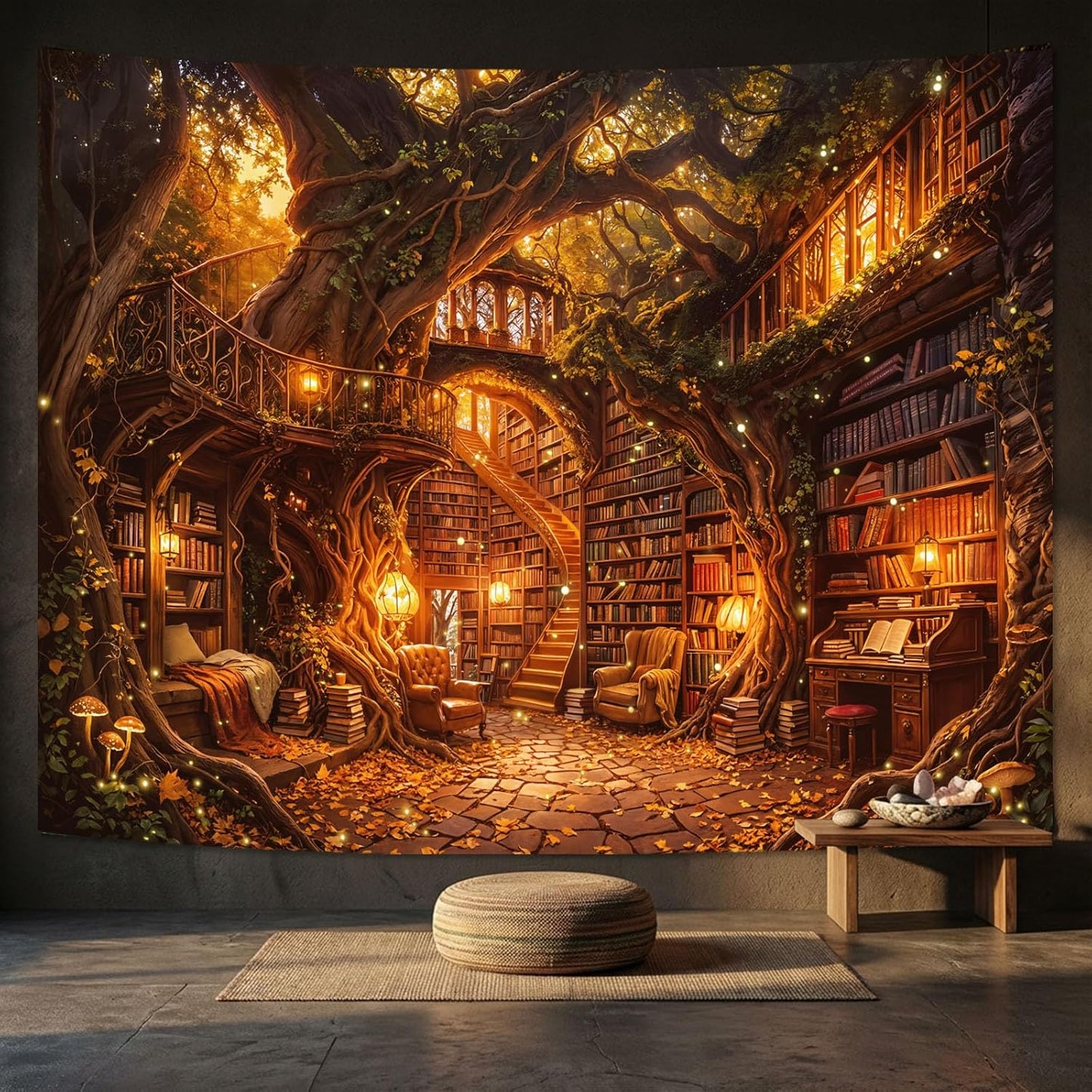 Kanuyee Magical Tree House Library Wall Tapestry, Fantasy Bookshelf Forest Art Tapestries for Room Decor, Enchanted Tapestry 80" x 60"