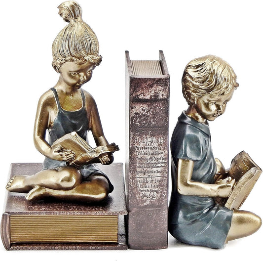 Bellaa 22951 Boy Girl Bookends Vintage Studious Reading Scholar Bookrack Stoppers for Heavy Duty Book Ends Holder Stand Decorative 8 inch