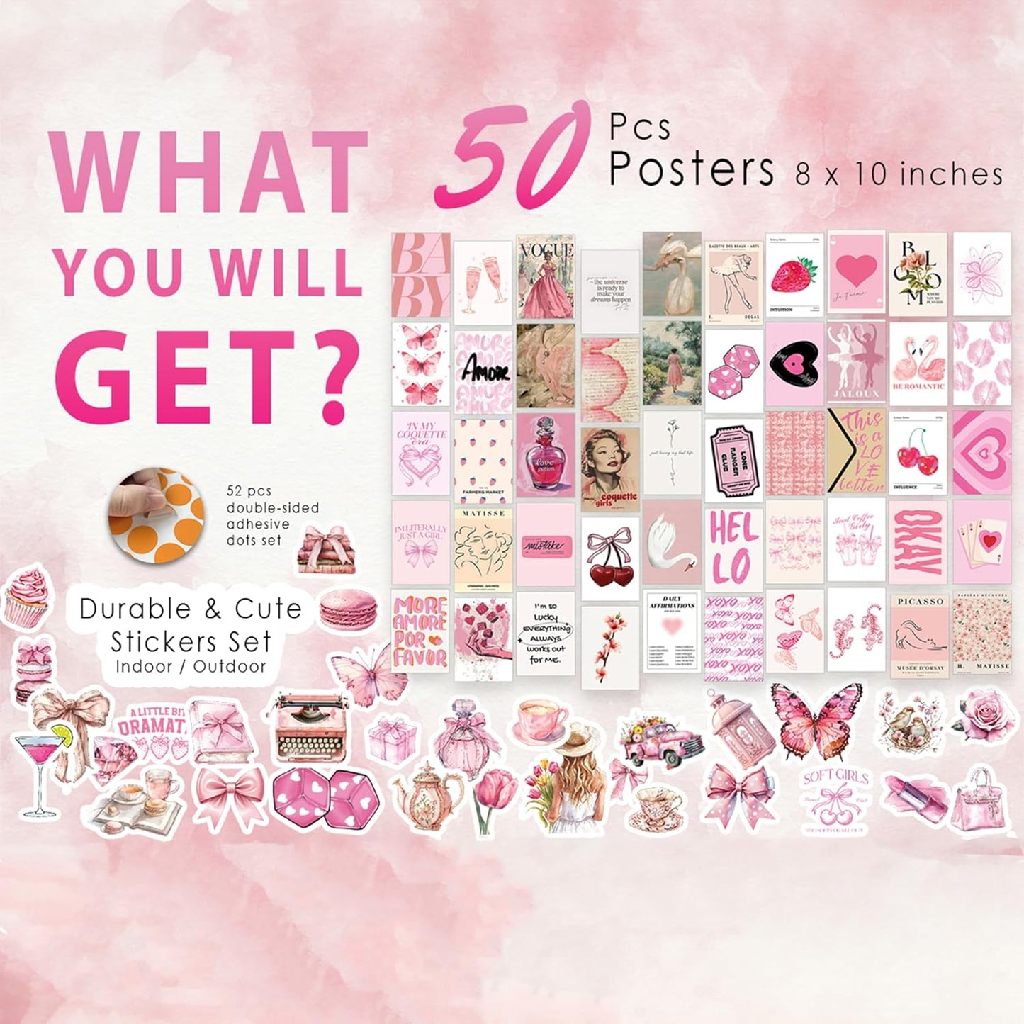 Fardes Coquette Room Decor Prints, 50pcs Cute Pictures for Pink Wall Decor, Coquette Wall Art, Poster Pack with Stickers for Teen Girls' Bedroom Decor