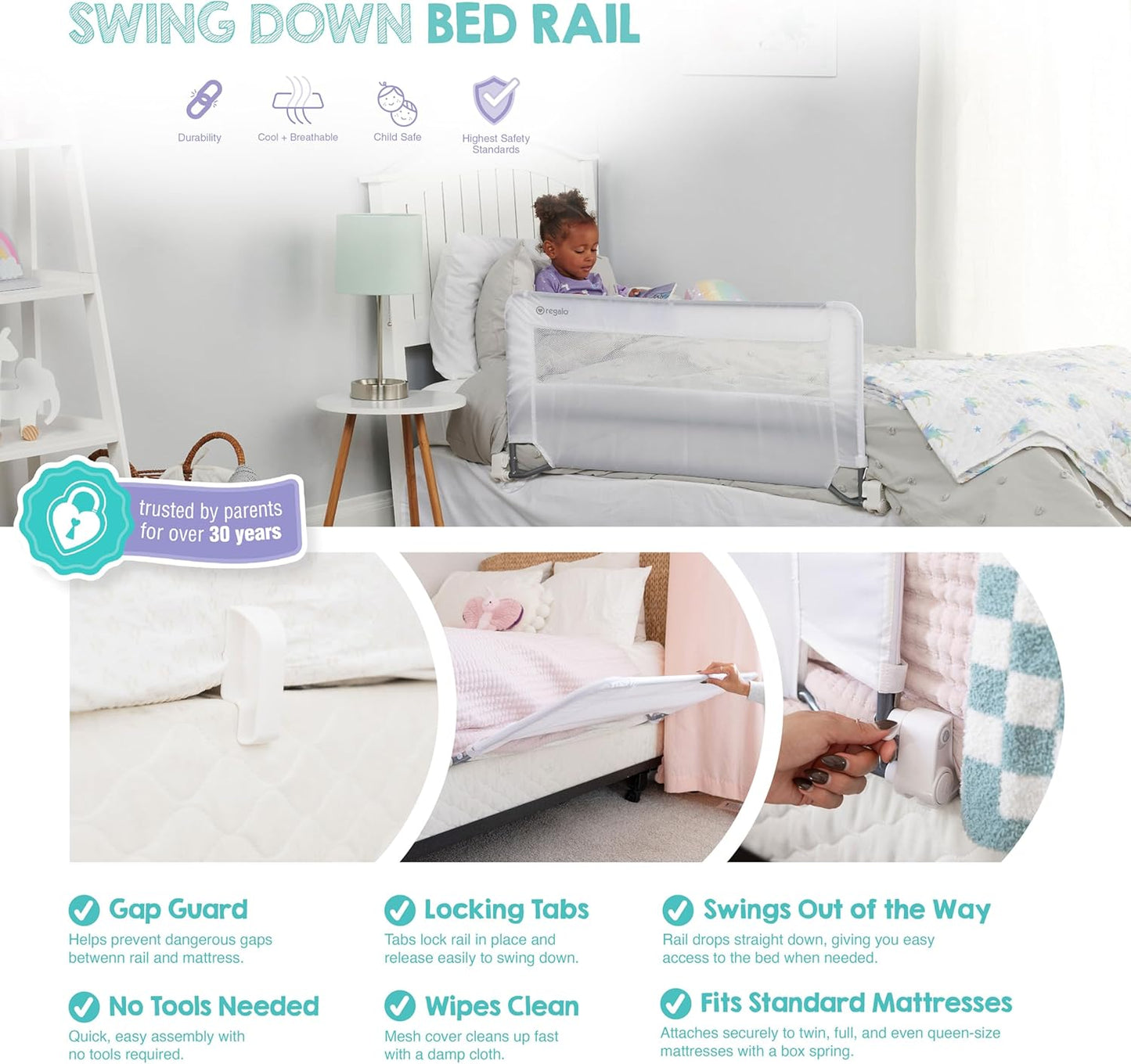 Regalo Safety Swing Down Bed Rail Guard for Toddlers, 43" Bed Safety Rail with Patented Gap Guard, Toddler Bed Rail Fits Twin, Full & Queen Beds, Guard Rail for Kids Bed, American Designed & Owned