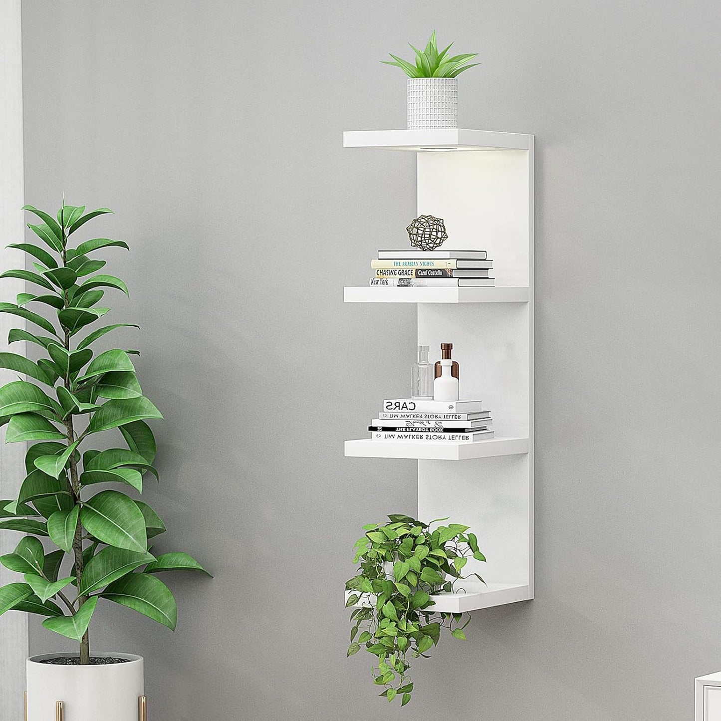 Versatile 4 Tier Wall Shelf Unit,White Lack Wall Shelf,Display Floating Shelf with LED Remote Control Light