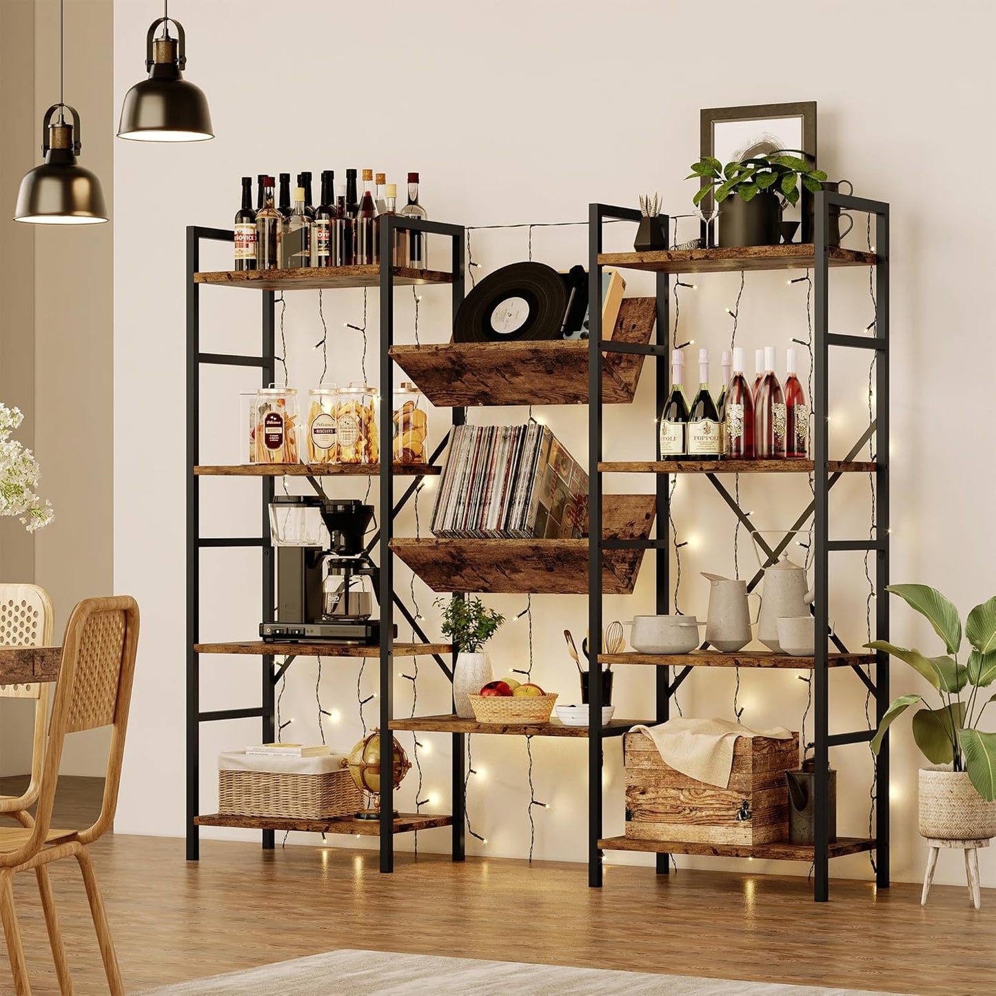 GAOMON Triple Wide 4 Tier Book Shelf, Tall Bookshelf with Open Display Shelves, Industrial Large Bookshelves and Bookcases with Metal Frame for Living Room, Bedroom, Home Office-Rustic Brown