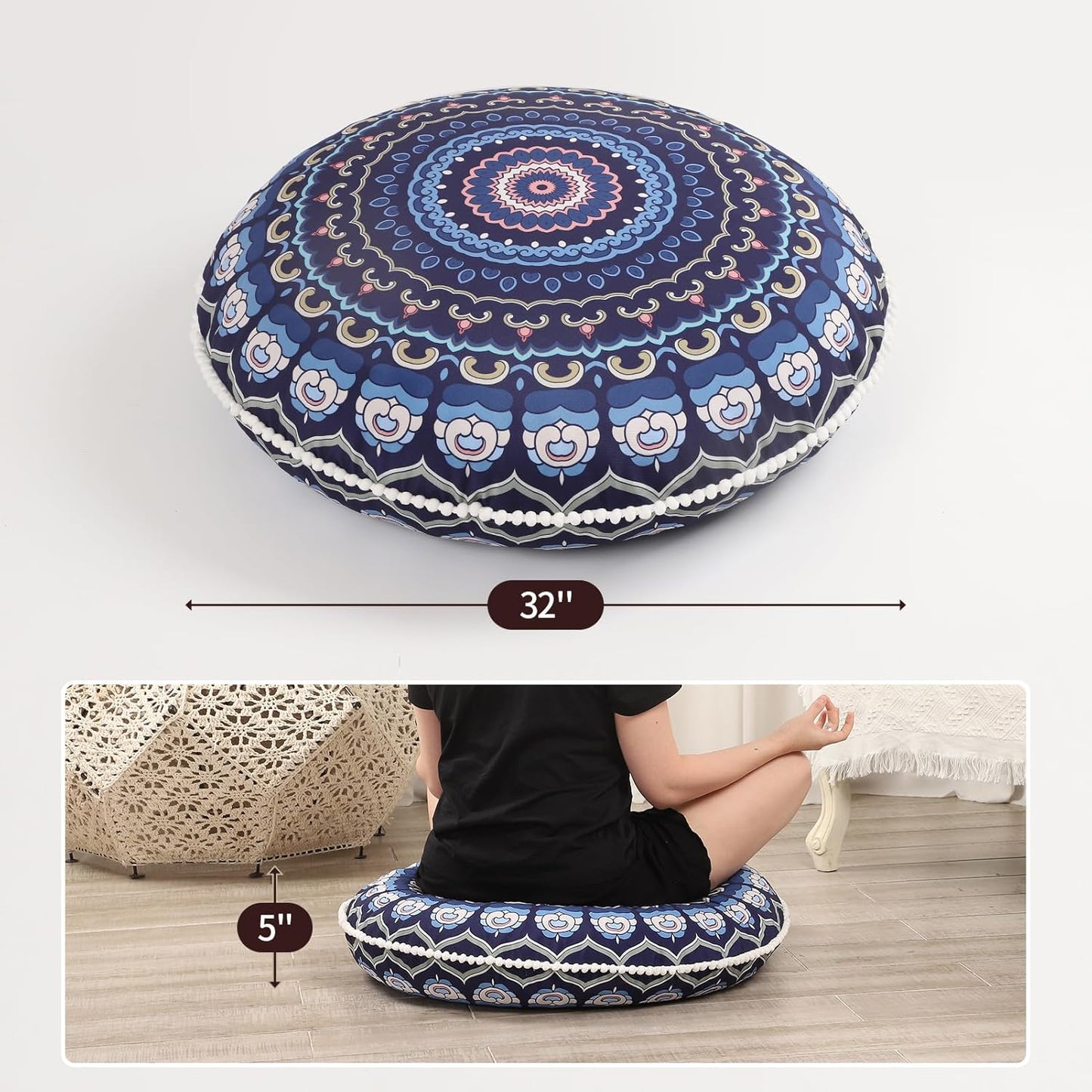 32 inches Meditation Floor Cushion for Adults, 2 Pack Round Large Thick Floor Pillow, Memory Foam Filling, Navy Blue