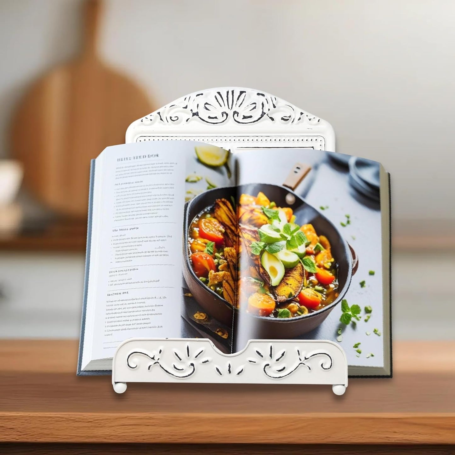 Metal Recipe Book Stand – White Ornate Cookbook Holder with Floral Design – Distressed Vintage-Style Decorative Easel for Kitchen, Farmhouse Decor, Counter Display – Great Gift for Moms & Cooks