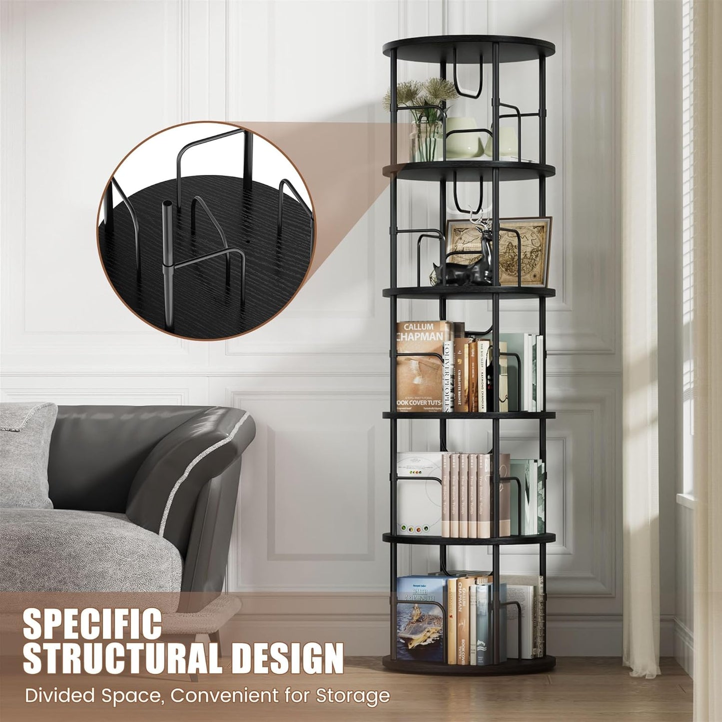 Flycity 5 Tier Rotating Bookshelf, 360° Corner Bookshelf Tower, Round Revolving Bookcase with Special Visible Partition Storage, Narrow Book Shelf Organizer for Living Room, Small Space, Black
