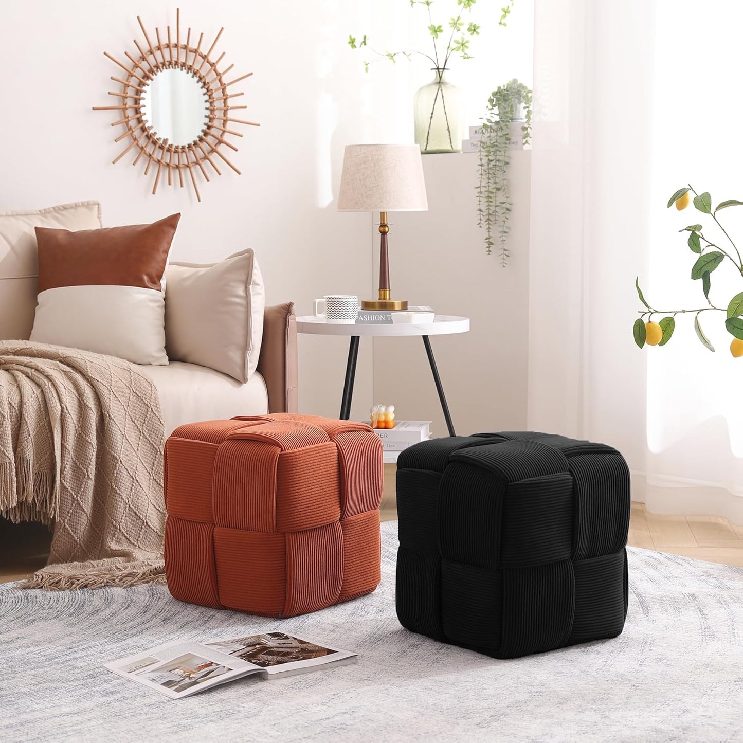 Ottoman Foot Rest Soft and Comfortable Ottoman Square Corduroy Woven Design Sofa Stool (Orange)