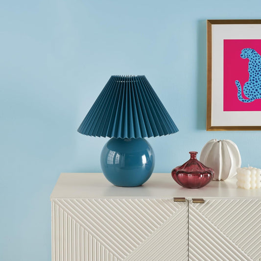 Nourison Home 13" Blue Ceramic Round Lamp with Pleated Shade for Bedroom, Living Room, Console, Entryway