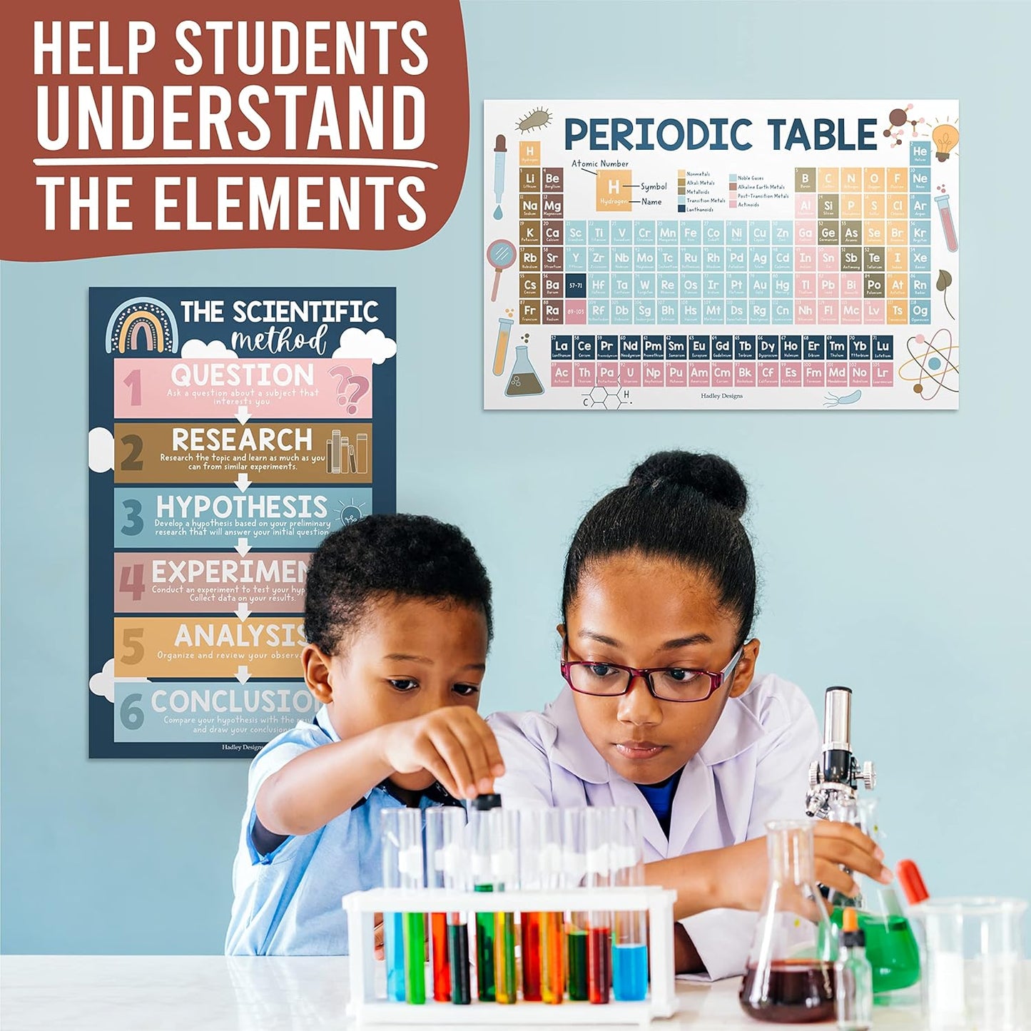 Hadley Designs Science Posters for Classroom Middle School – 4-Pack Periodic Table Poster, Scientific Method Poster & Science Classroom Decor, 11x17 Laminated for Elementary & Homeschool - Boho Theme
