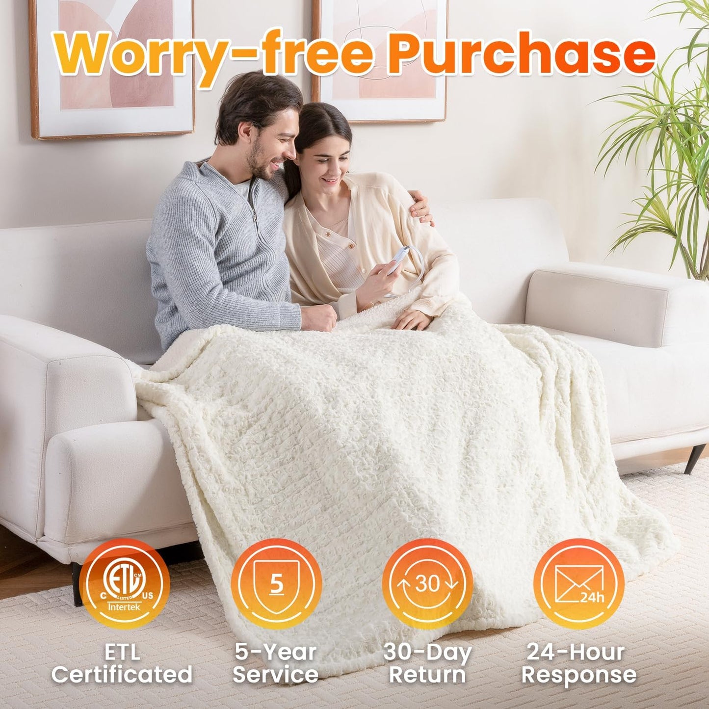 WOOMER Heated Blanket Throw 50" x 60", Electric Blanket Throw with 4 Heating Levels & 4H Auto Off, ETL Certified, White Roses Patterns Faux Fur & Sherpa, Machine Washable
