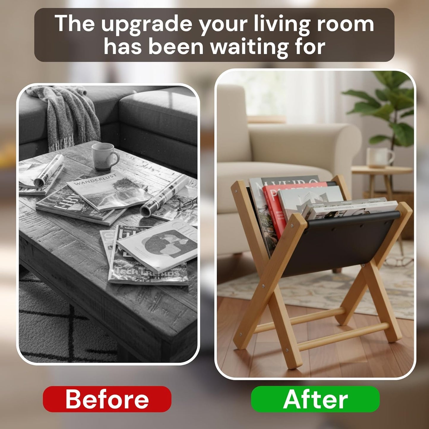 Premium Leather Magazine Holder - Wooden Magazine Rack Floor Standing - Brochure Holder and Book Display Stand - Modern Magazine File Holder & Newspaper Rack for Home, Bathroom, Office Decor