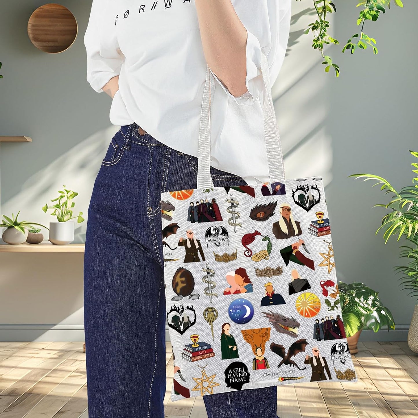 BWWKTOP Jon Snow Tote Bag Jon Snow Fans Gift Daenerys Reusable Grocery Bag House Stark Gift Stark & Targaryen Merch
