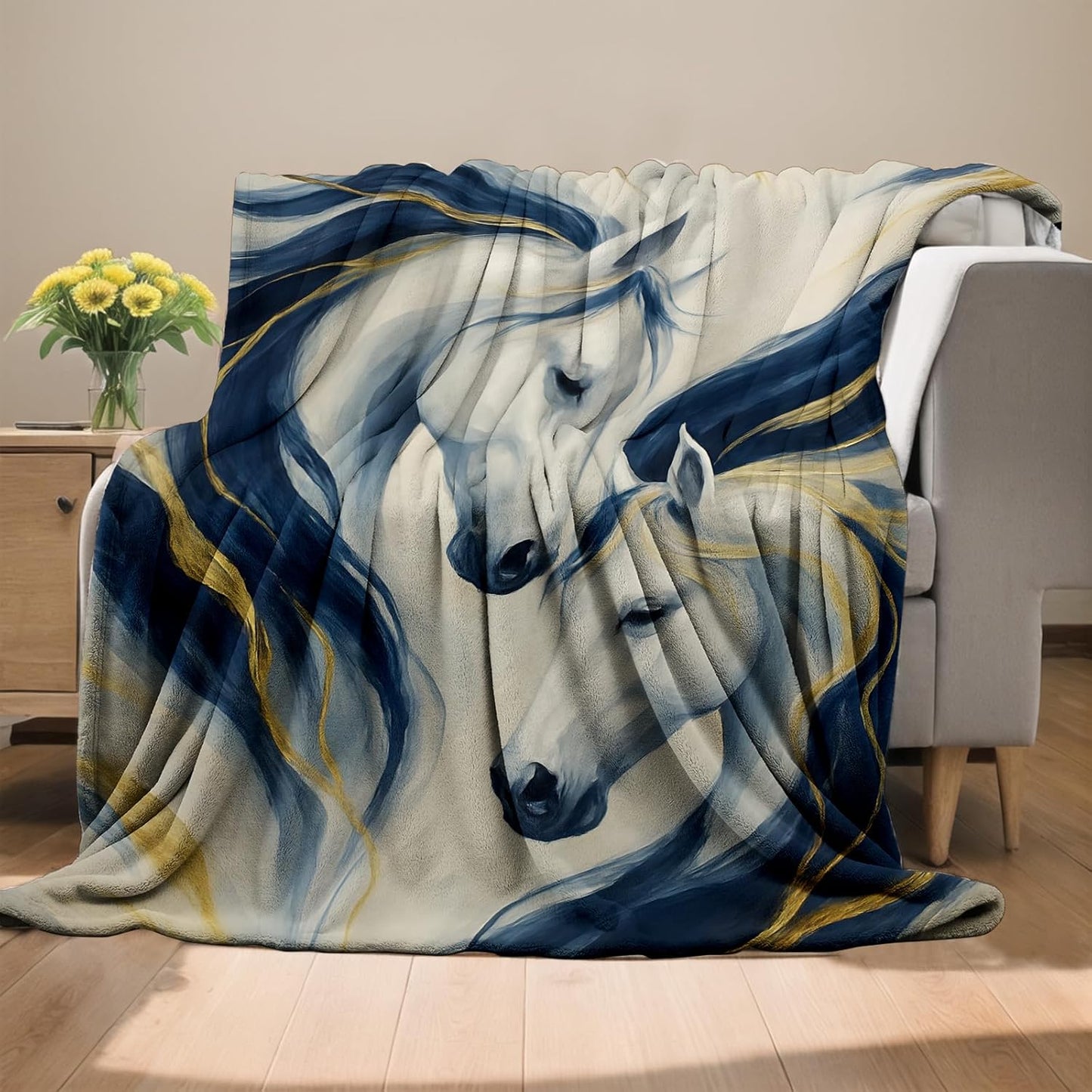Horse Blanket, Elegant Animal Flannel Throw, Soft Cozy Lightweight Throws Blankets for Women Kids Girls Boys, Minimalist Wildlife Home Decor for Sofa Couch Bedroom Home, 60x50 Inch