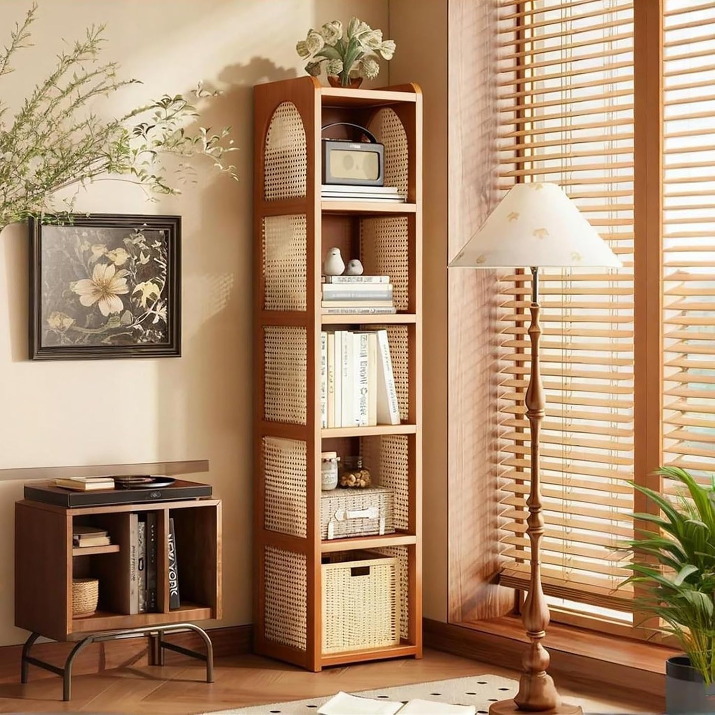 Freestanding Corner Bookshelf & Narrow Display Rack, 28x152.4cm Brown Bookcase for Small Spaces, Modern Shelving Unit for Bedroom & Office