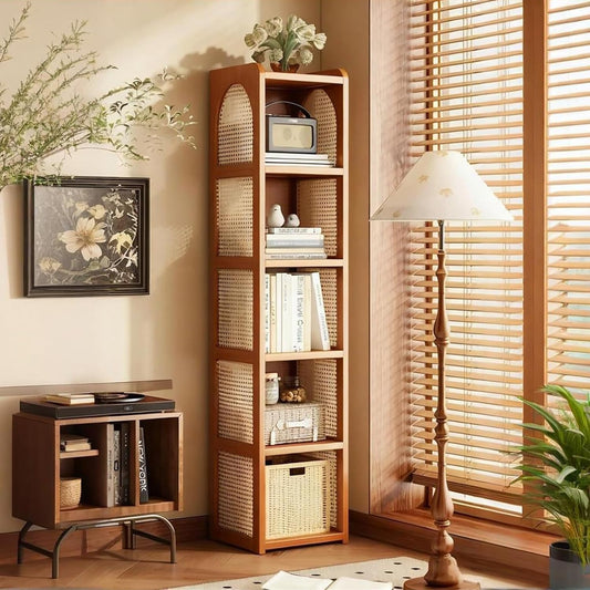 Freestanding Corner Bookshelf & Narrow Display Rack, 28x152.4cm Brown Bookcase for Small Spaces, Modern Shelving Unit for Bedroom & Office