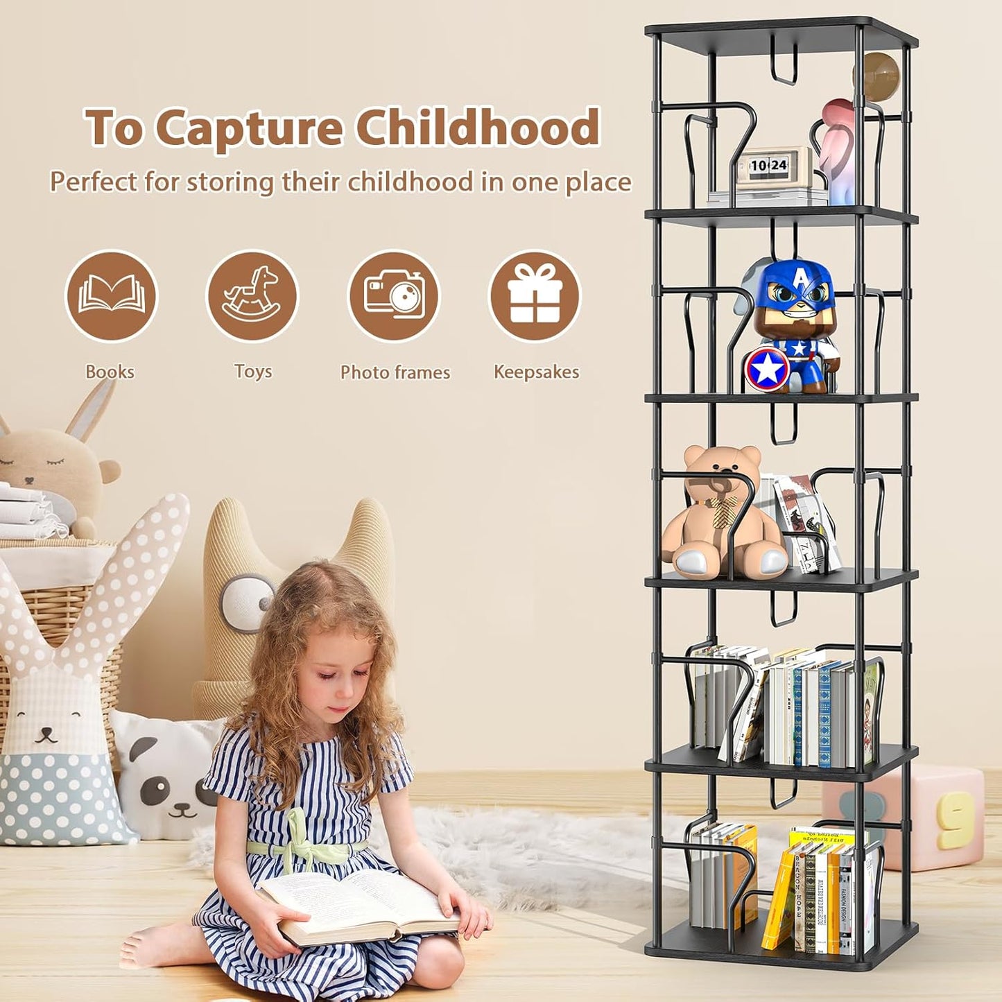 5 Tier Square Rotating Bookshelf Tower, Spinning Bookshelf, 360° Display Round Bookcase, Floor Standing Corner Revolving Bookshelf Organizer Storage Rack for Home Study Office, Small Spaces