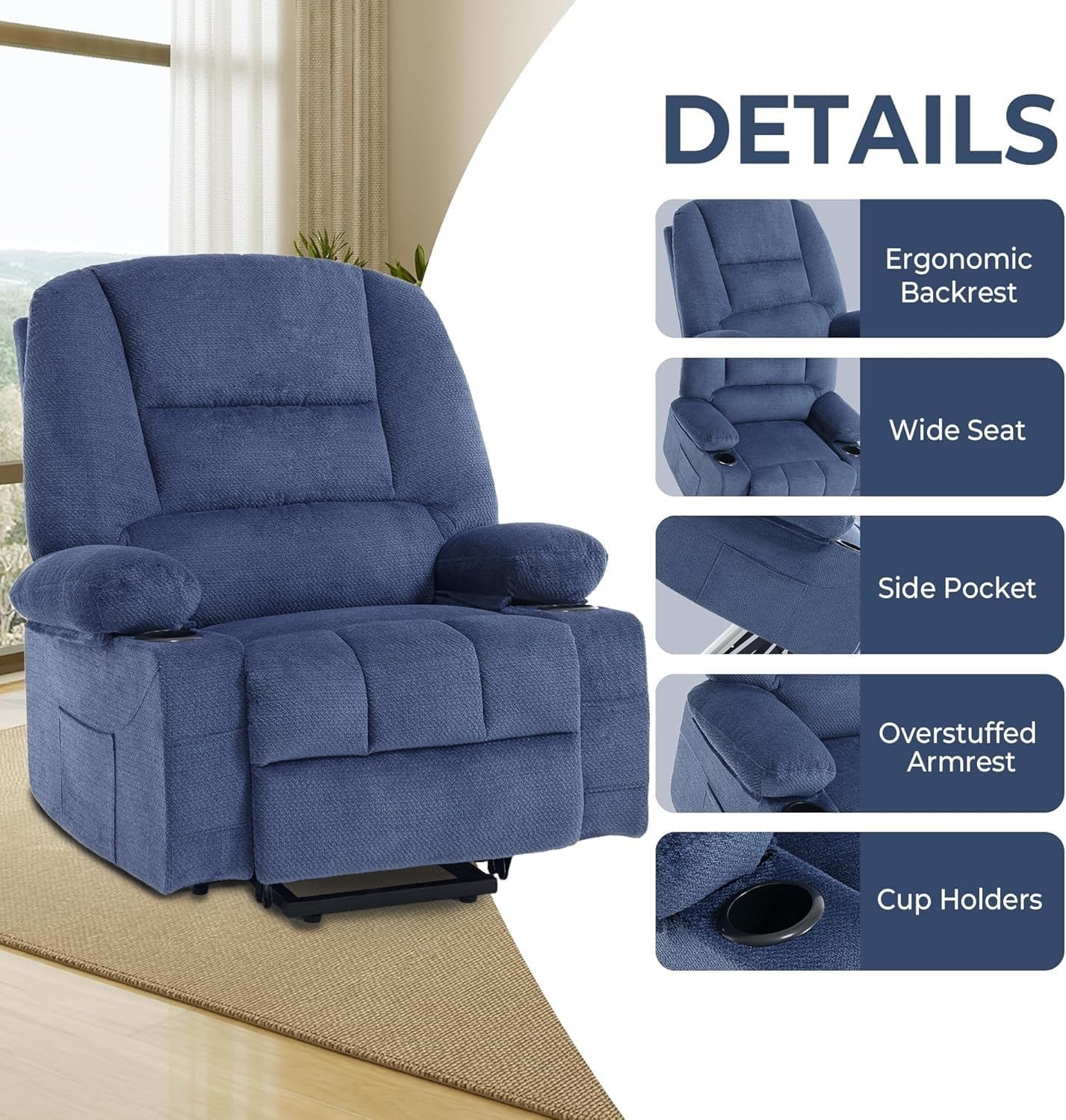 Power Lift Recliner Chair with USB Port Ergonomic Backrest Overstuffed Armrest Fabric Electric Massage Recliners Chairs with Heat for Elderly People