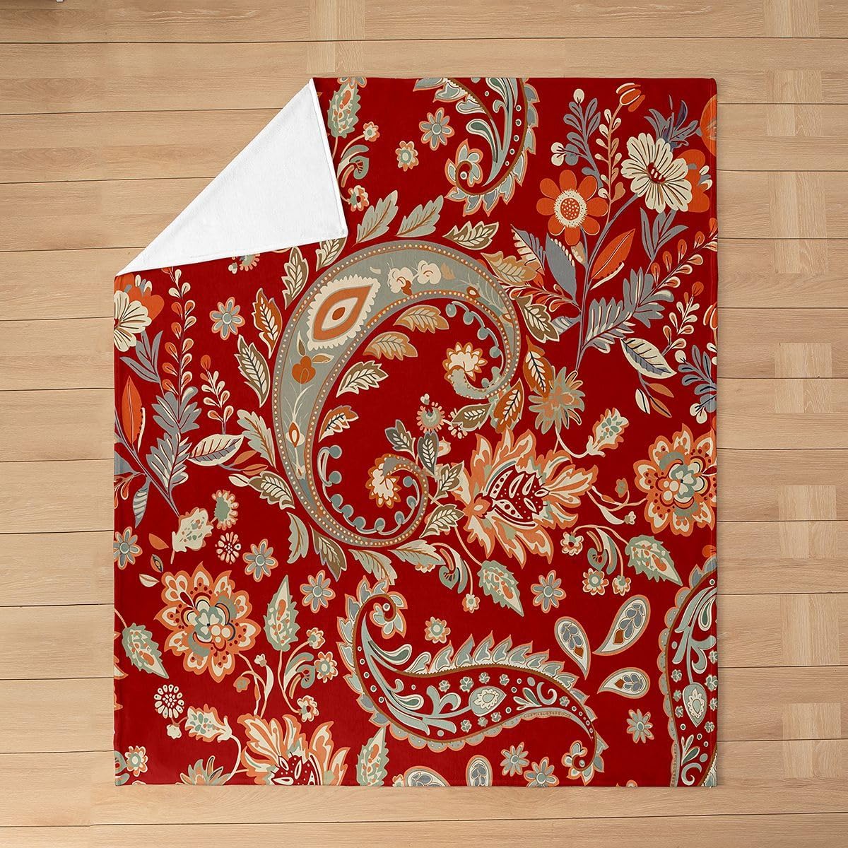 Feelyou Paisley Fuzzy BlanketKids Bohemian Exotic Style Flannel Fleece Throw Blanket Boho Paisley Print All Season Bed Blanket for Sofa Couch Room Indian Style Red Yellow Plush Blanket Queen 90"x90"