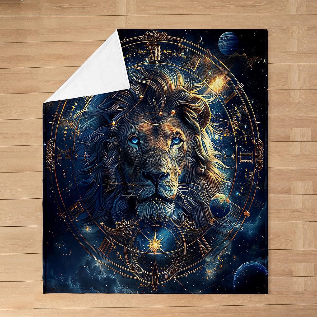 Lion Flannel Blanket Boys Girls,Leo Constellations Astrology Zodiac Golden Glitter Fuzzy Blanket All Season Bed Blanket,Wild Animal Starry Blue Galaxy Plush Blanket,Throw 50 x 60 Inches