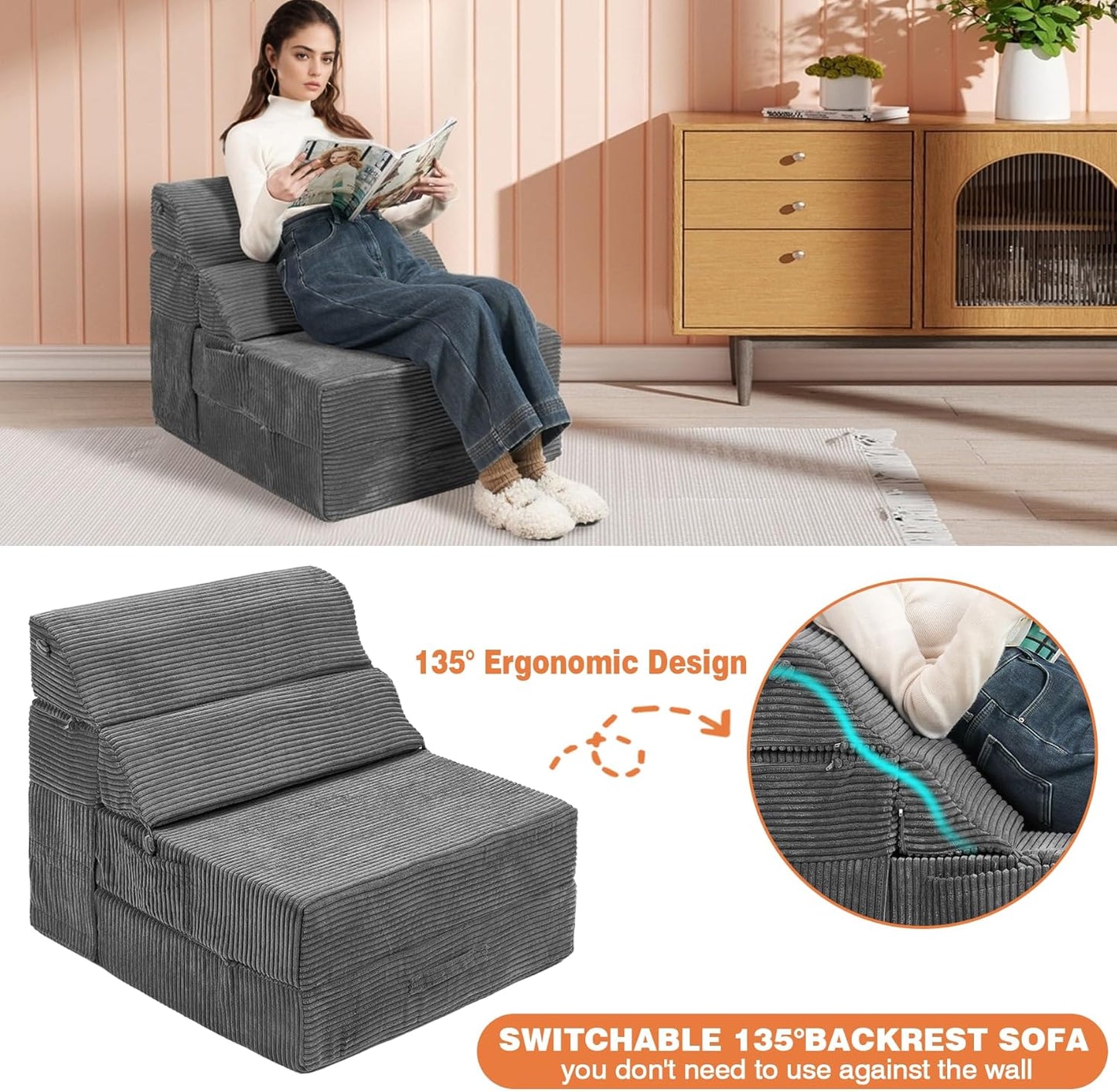 Comfy Folding Sofa Bed - Convertible Sleeper Sofa Fold Out Sofa Bed Sleeper Chair Couch for Living Room Guest, Foldable Floor Chairs Lounger Mattress with Back Support, Dark Grey