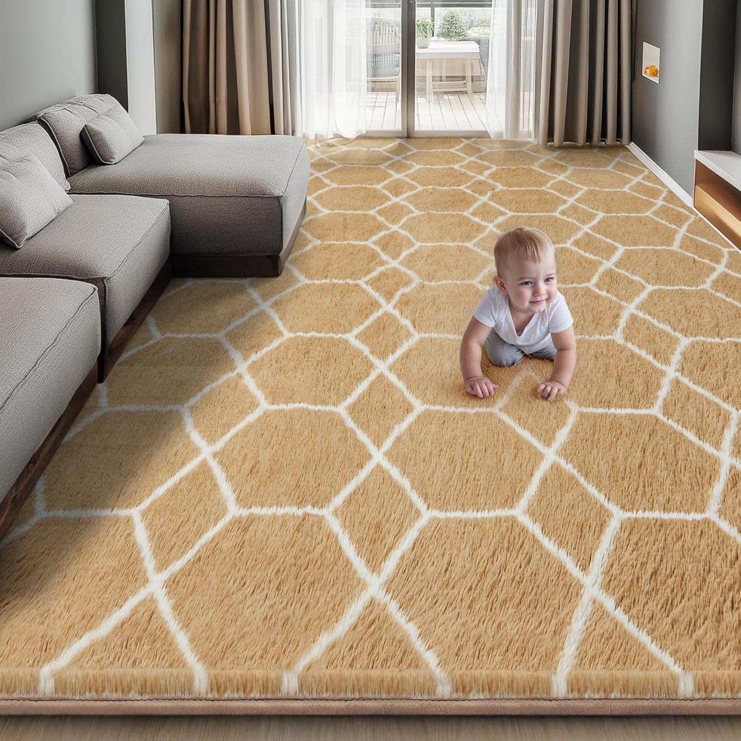 Super Soft Shaggy Area Rug, 6X9 Soft Plush Fluffy Rug for Bedroom Living Room, Modern Moroccan Geometric Carpet for Home Decor Aesthetic, Anti-Skid Carpet for Kids Room, Nursery, Beige and White