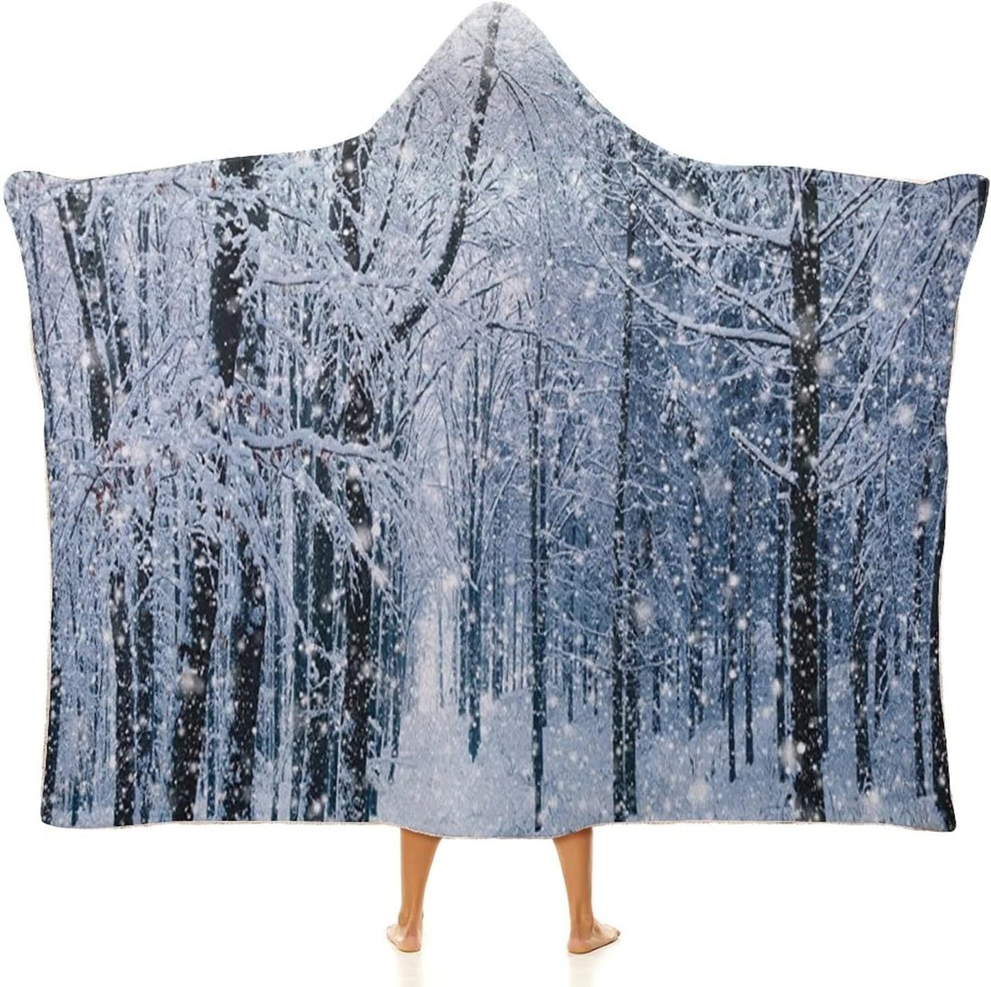 Throw Blankets, Winter Wearable Hooded Blanket for Adults, Snow Covered Forest Idyllic Early Morning, Soft Warm Cozy, 50 x 60inches, Studying Reading Snuggling Napping Office, Black White Slate Blue