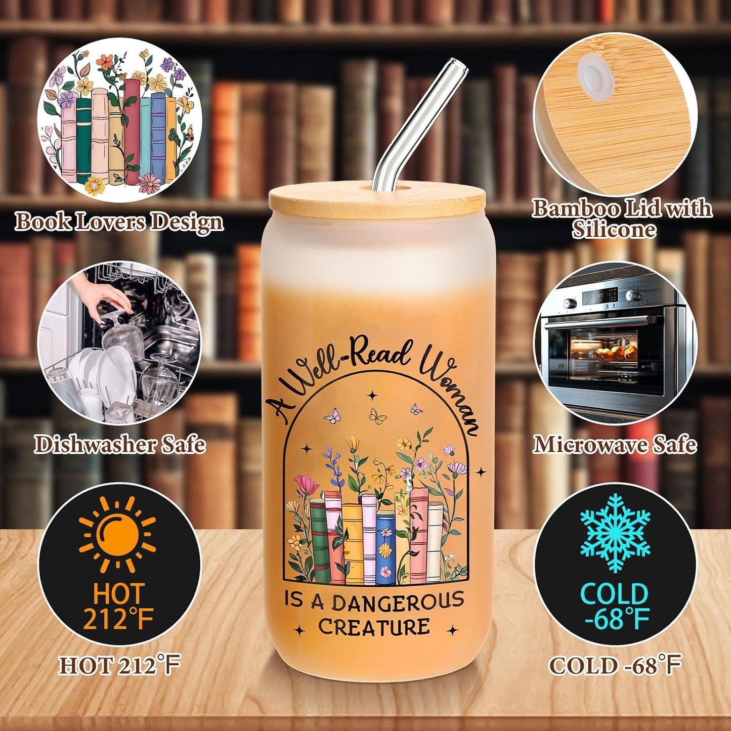 6 Pcs Christmas Book Bookish Lovers Gifts for Women Readers 16 oz Glass Cups with Lids Straws Book Club Librarian Appreciation Christmas Birthday Gifts (White)