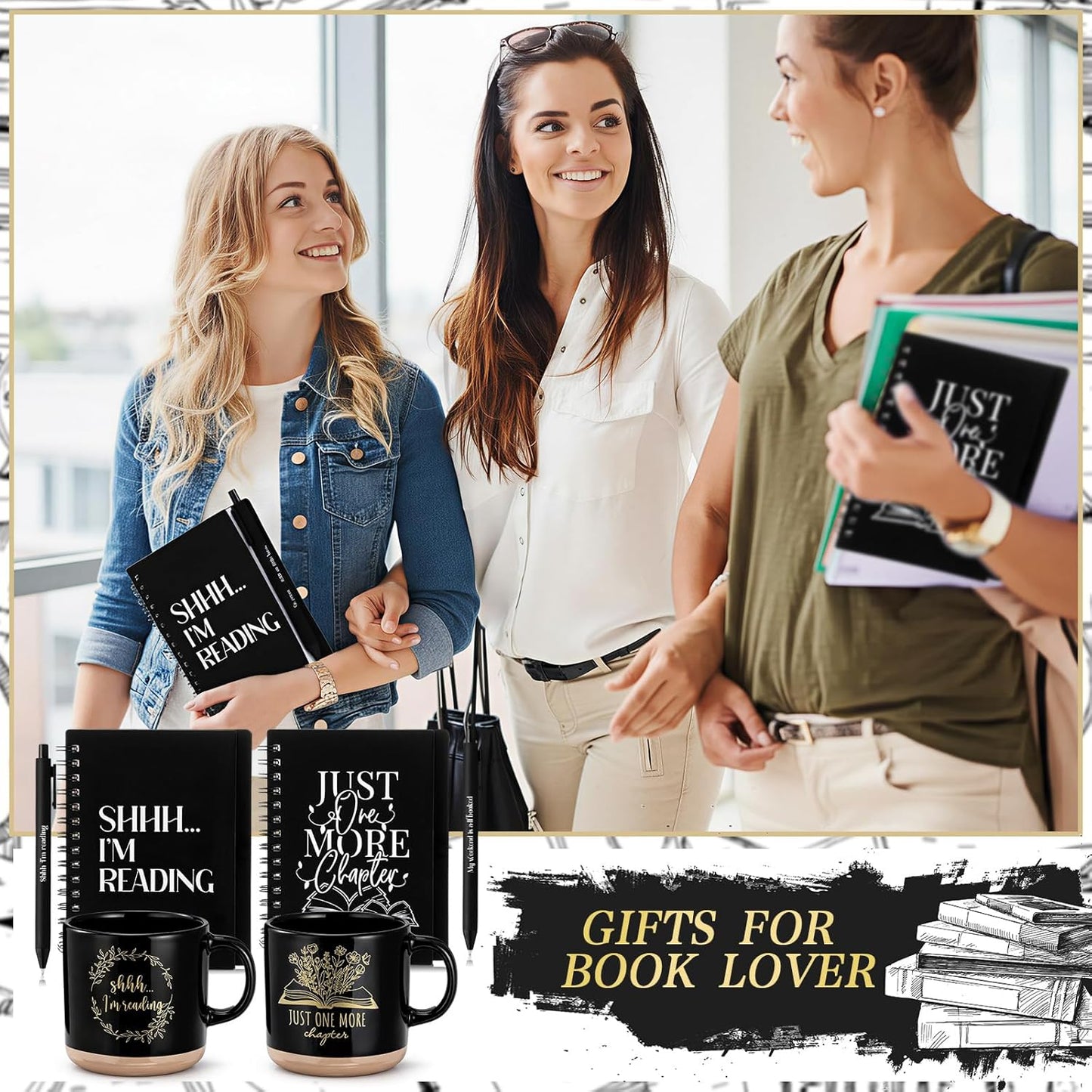 Book Lovers Gift 13oz Ceramic Coffee Mug Book Lovers Spiral Journal Notebook Bookish Greeting Card Ballpoint Pen School Librarian Appreciation Gift for Women Teacher Bookworm(10 Pcs,Vivid)