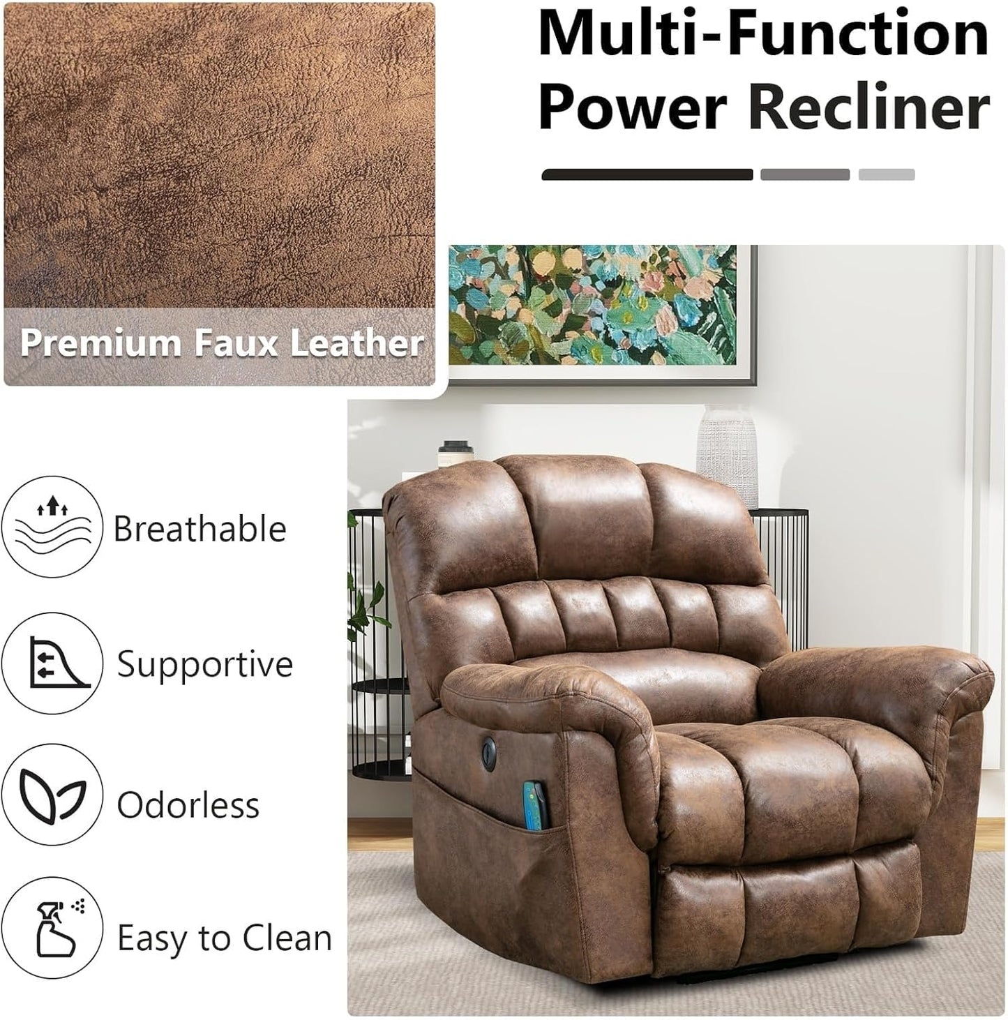 Faux Leather Electric Lifting Recliners Brown Overstuffed Wide Reclining Sofa with Side Pockets USB Port for Elderly Power Lift Recliner Chair for Living Room with Massage and Heat