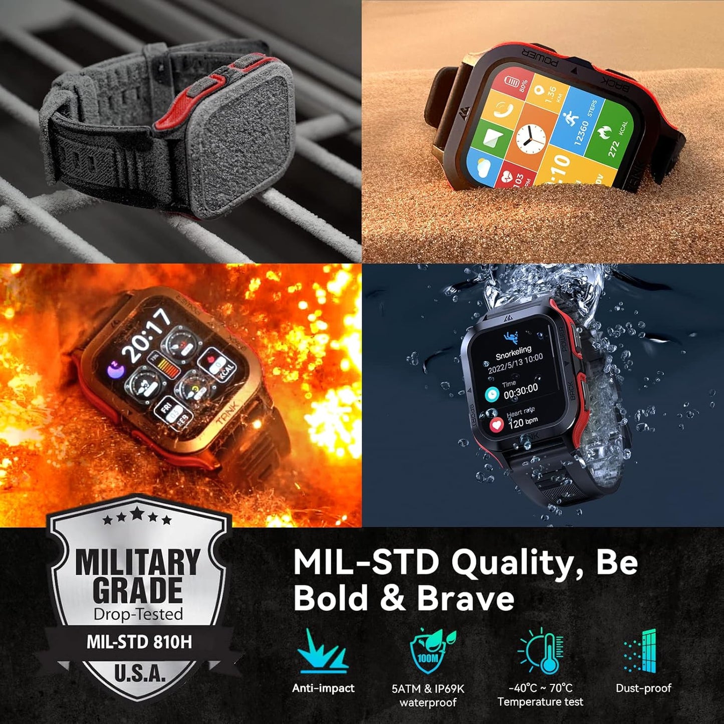 AMAZTIM Smart Watch, 60 Days Extra-Long Battery, 50M Waterproof, Rugged Military Bluetooth Call(Answer/Dial Calls), 1.85" Ultra Large HD Display, AI Voice Assistant, Compatible for Android and iOS-Red