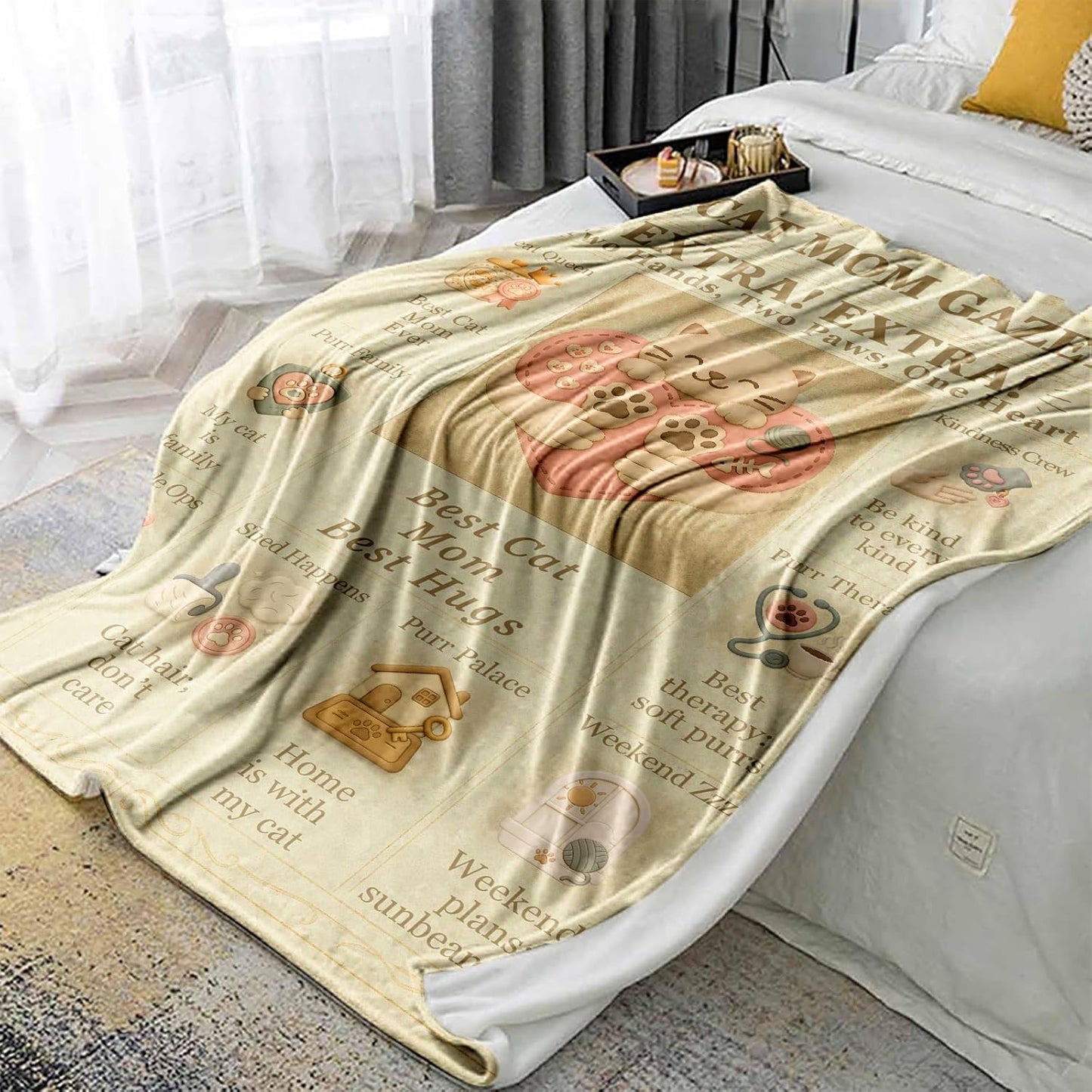 Cat Mom Blanket for Women, Kawaii Flannel Throw 60x50, Vintage Newspaper-Style Gazette, Cozy Kitty Sofa/Bed Decor, Gift for Cat Lovers, Birthday Christmas Mother’s Day