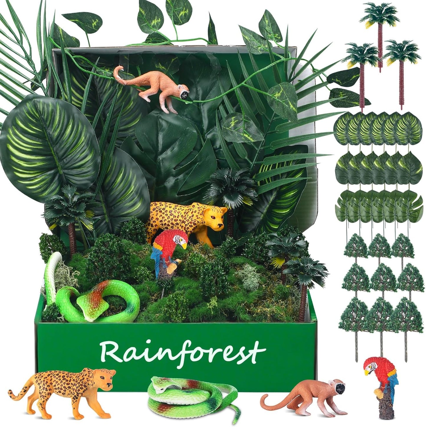 Rainforest Diorama Kit Rainforest Animals Figures Realistic Forest Animals Figures Including Model Tree, Red Parrot, Cobra Forest Diorama Supplies for Birthday Party Favor(Box Not Included)