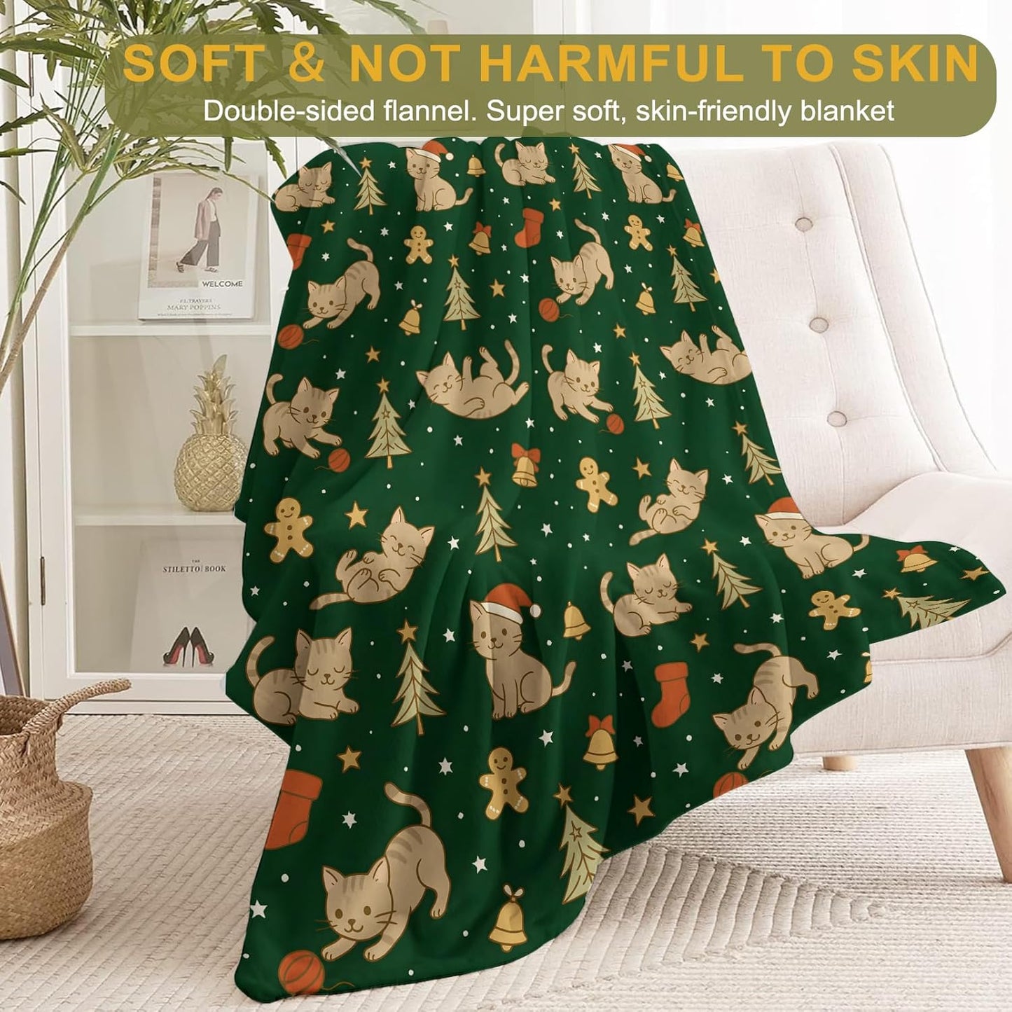 Cute Cat Christmas Decorative Throw Blanket, Kitten Gingerbread Tree Bell Print Decoration, Soft Flannel Winter Blankets for Couch Bed Sofa, Holiday Home Decor, Xmas Festival Gifts 50x60 Inch