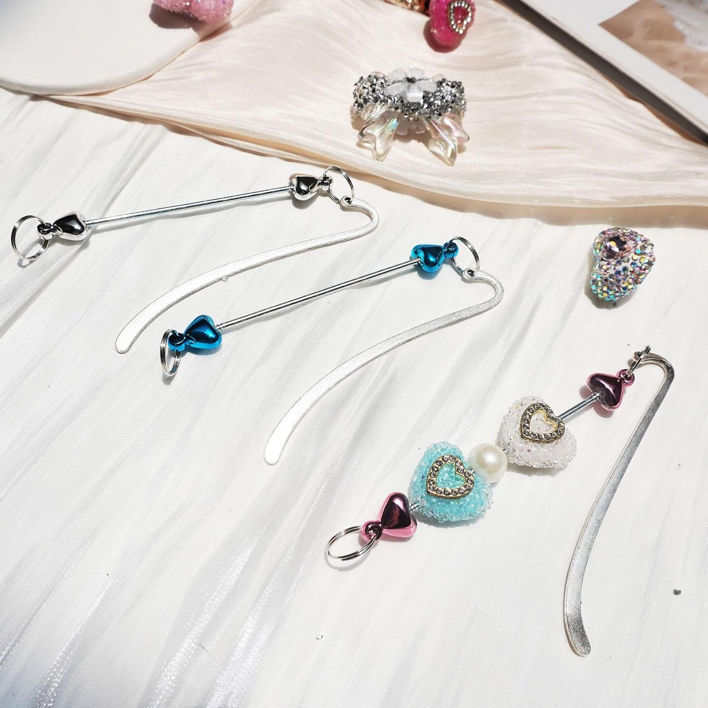 15 Pack Beadable Bookmarks with Blank Bar Bulk Love Heart Metal DIY Bookmark for Beads Jewelry Pendants Charms Beading Book Make Marks Craft Colorful