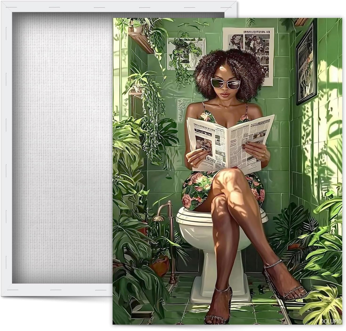 Black Art Prints, Black Woman Reading in Green Botanical Toilet Poster, African American Print, Stylish Aesthetics, Black Plant and Bathroom Print, Maximalist Bathroom Decor 8x10inch Framed