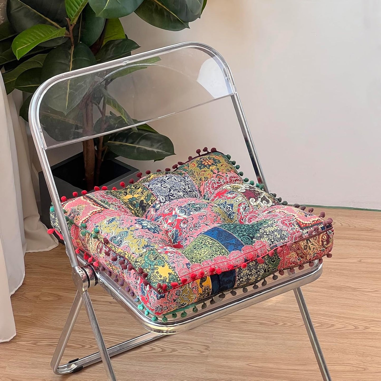 vctops Boho Seat Cushion Chair Pad with Pompoms, Tribal Printed Soft Comforatble Seat Pillow Cushion Cotton Linen Square Chair Cushion for Kitchen Living Room Adults Kids Reading (Pink,16"x16")