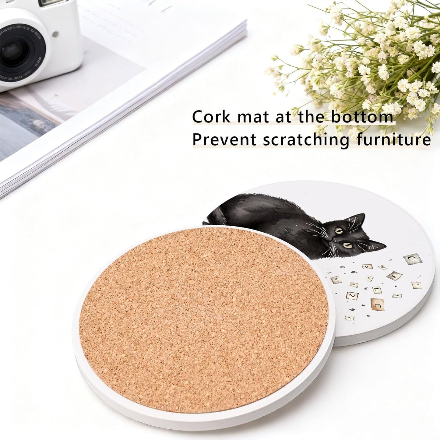 6Pcs Cat Coasters with Holder, Funny Cat Reading Books Ceramic Round Absorbent Coaster for Drink Coffee Table Decor Gifts for Cats Books Lover Bookworms
