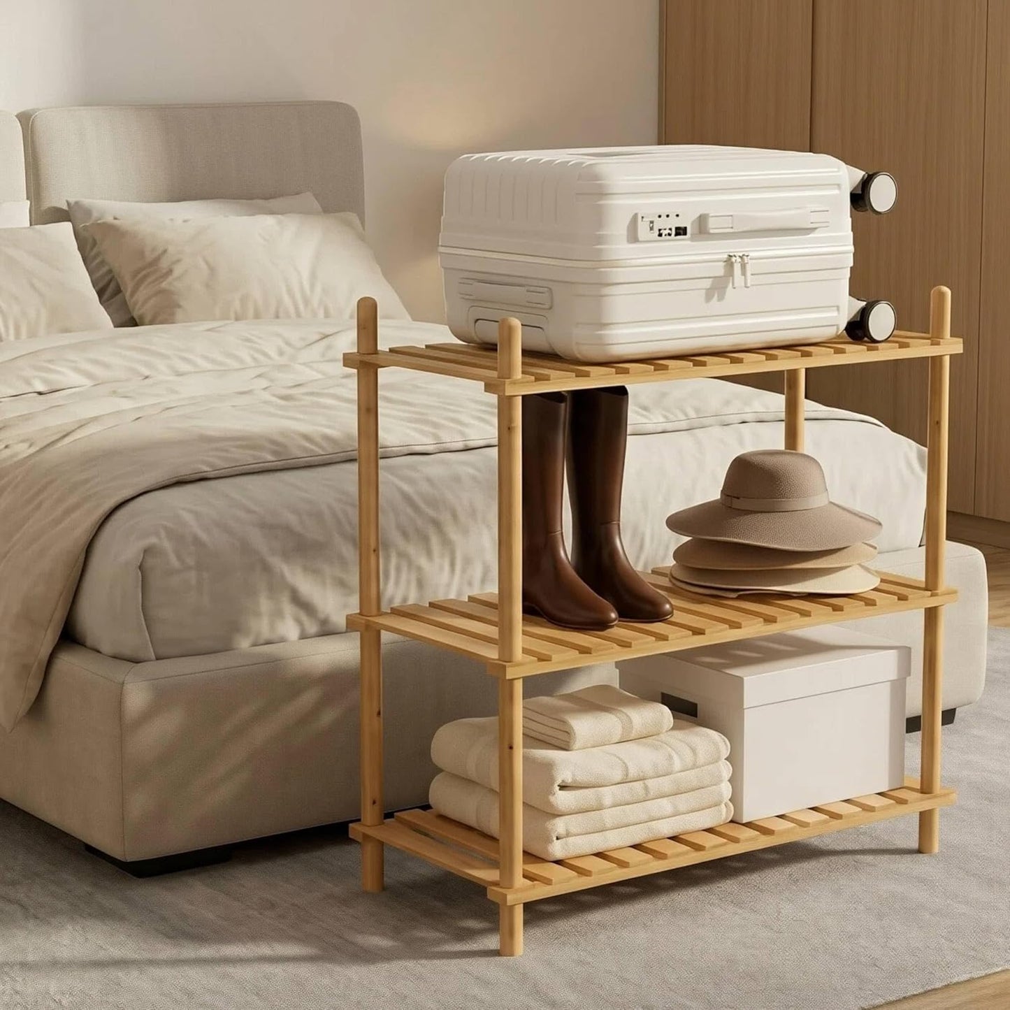 3-Tier Expandable Bamboo Bookshelves and Bookcases,Heavy-Duty, Tool-Free, 31.8"Tall Shallow Book Shelf Organizer Rack, Freestanding Storage Shelving Unit for Living Room, Kitchen, Bathroom, Office