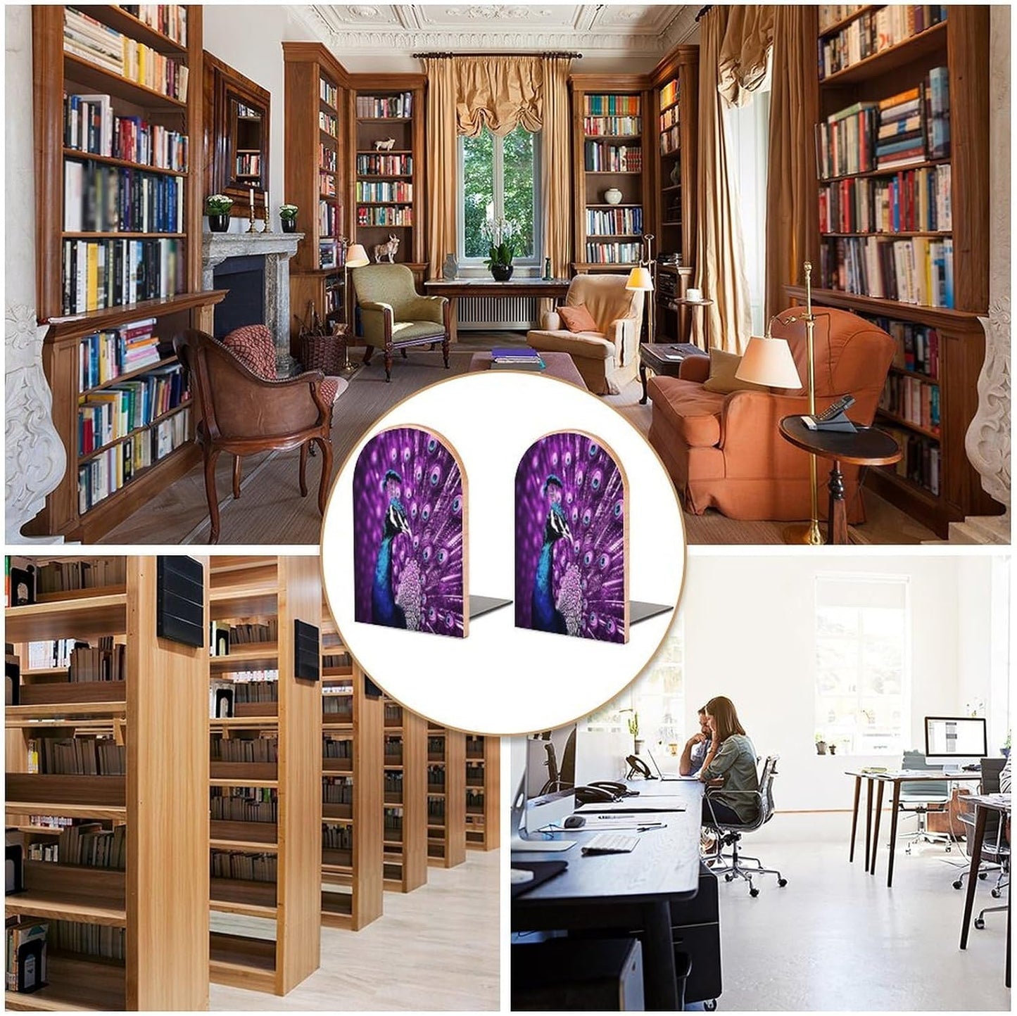 Purple Peacock Bookends 1 Pair Heavy Duty Book Ends for Shelves Non-Skid Bookend Supports Wooden Book Holders with Metal Base Desk Organizers Books Storage to Hold Books