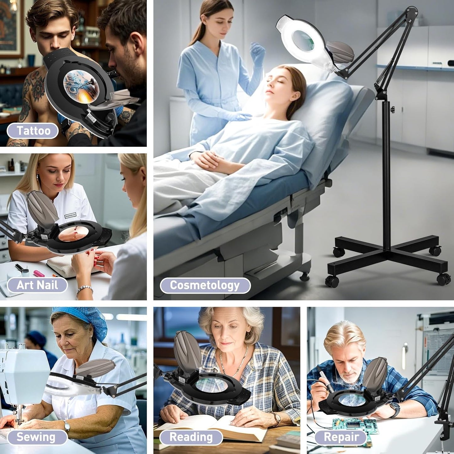 10X Lighted Magnifying Glass with Light, NUEYiO 2200 Lumen Stepless Dimmable Magnifying Floor Lamp, 2-In-1 Adjustable Metal Swing Arm LED Magnifier Lamp, Esthetician Light for Tattoo Reading Soldering