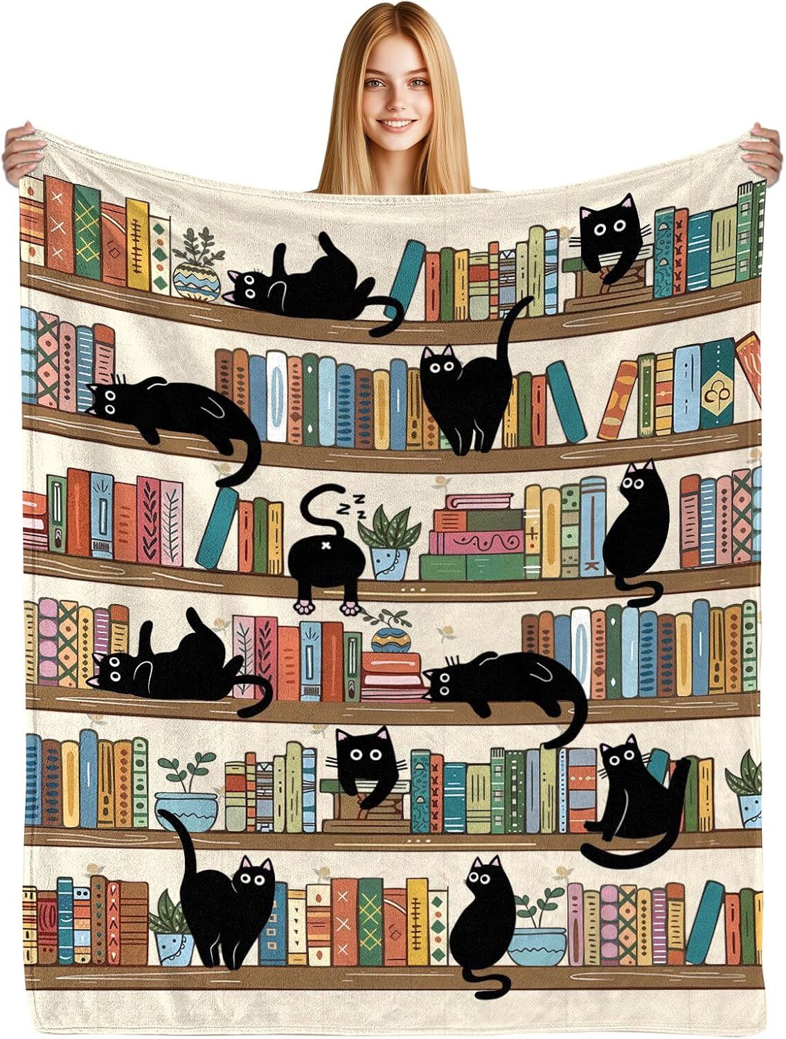 tgruihm Book Lovers Gifts for Readers Blanket, Librarian Gifts Bookshelf Black Cat Stuff Throw Blanket 60"x50", Birthday for Reading Lover Bookish Literary Gifts Blankets Home Decor