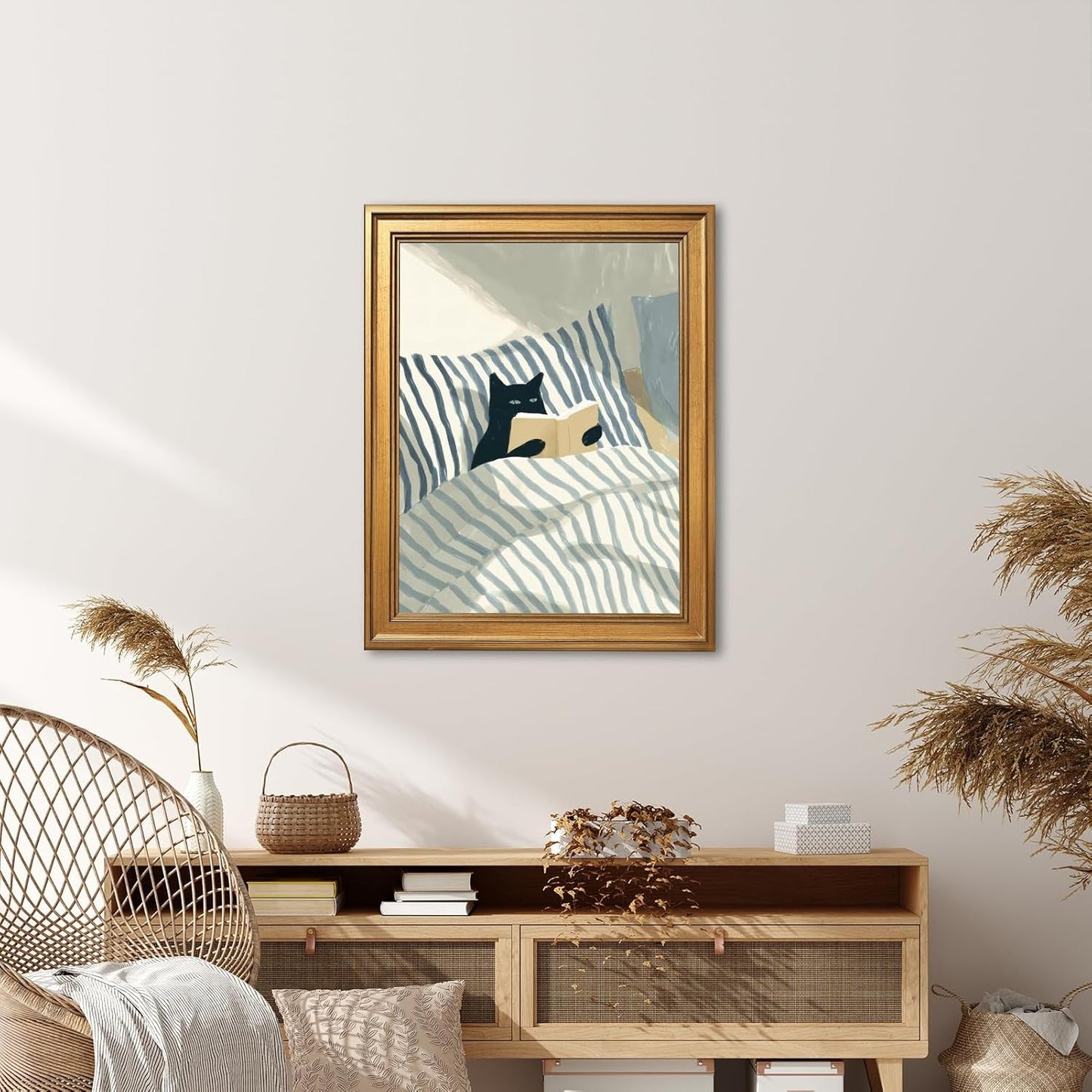 EQUEEN Black Cat Reading Poster Cozy Wall Art Bedroom Wall Decor Book Lover Canvas Print For Bedroom Library Office12x16inch Golden frame