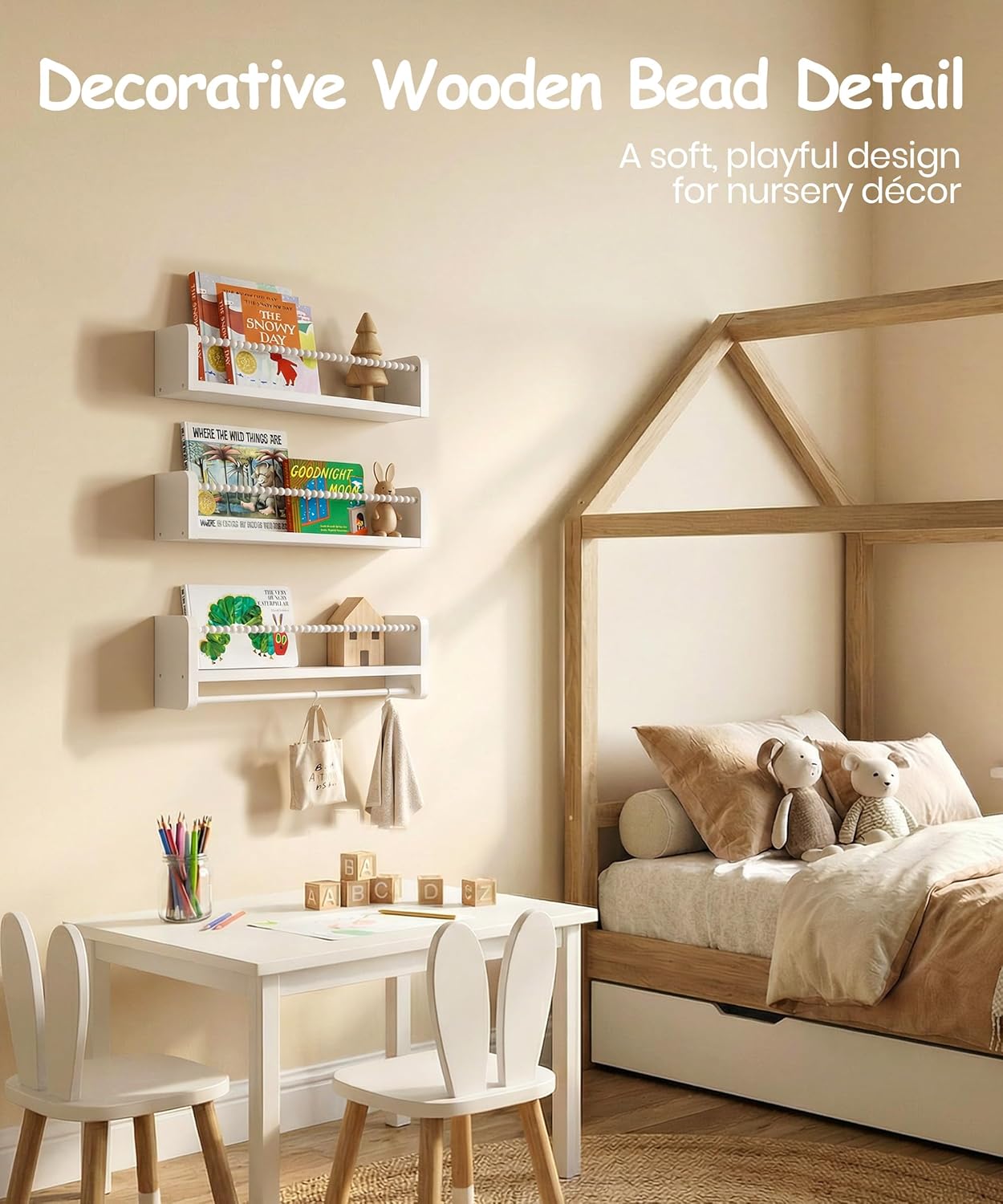 Nursery Book Shelves for Wall Set of 3, White Natural Wood Bookshelf Wall Decor, Small Floating Shelf Organizer for Kids Room, Bedroom, Kitchen Spice Rack