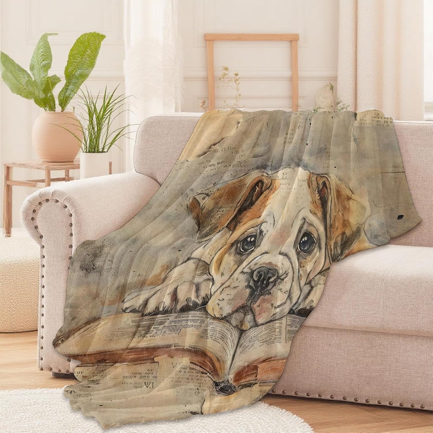 Bulldog Reading Book Throw Blanket for Boys Girls Kids and Pet Lovers, Cute Dog Design, Fuzzy Warm Soft Cozy Flannel Blankets Gifts for Bedroom, Couch, Travel, Dorm, Picnic, Home Decor 50x60 in